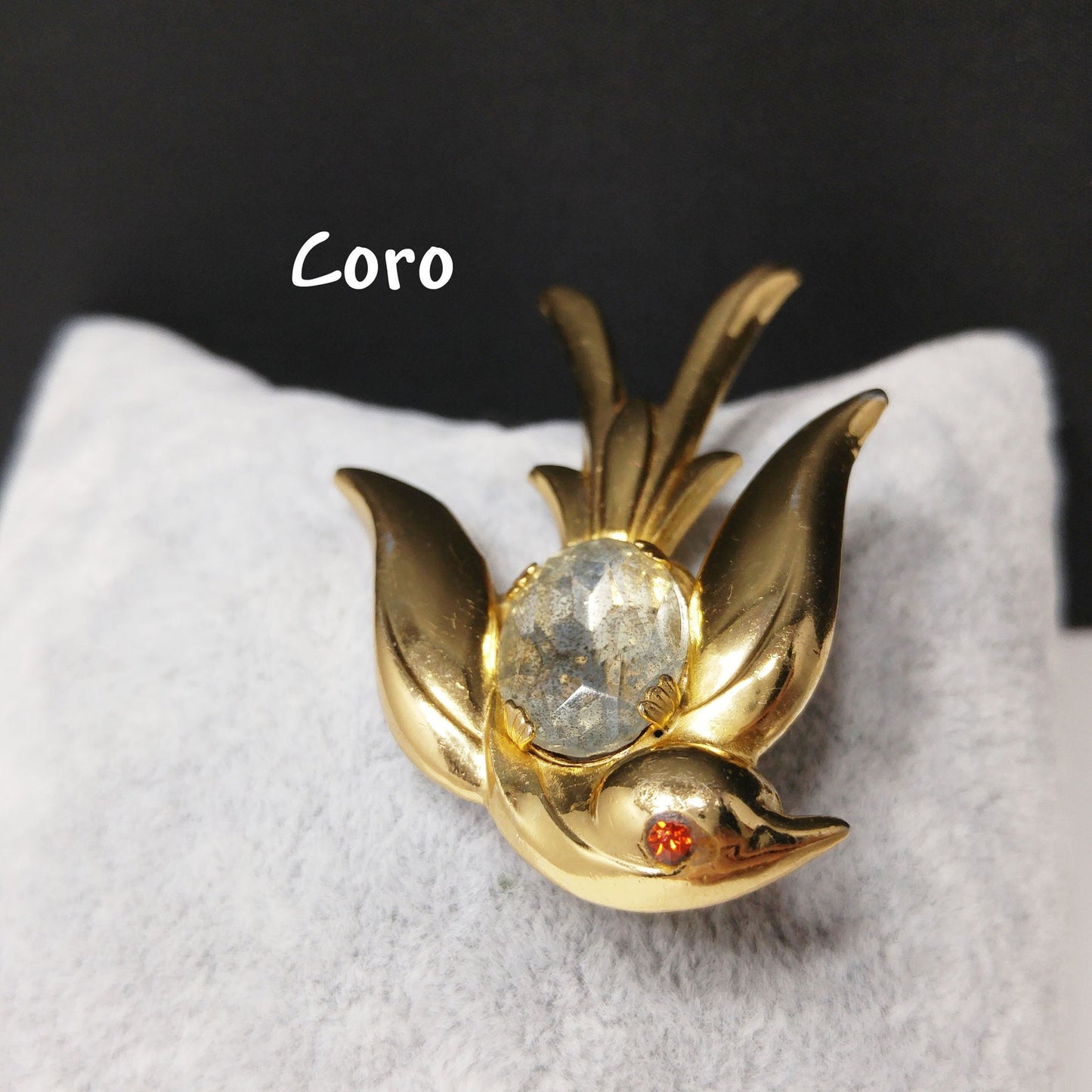 Coro Pegasus Bird Brooch, Clear Faceted Rhinestone Red Eye, 1940s Vintage Jewelry