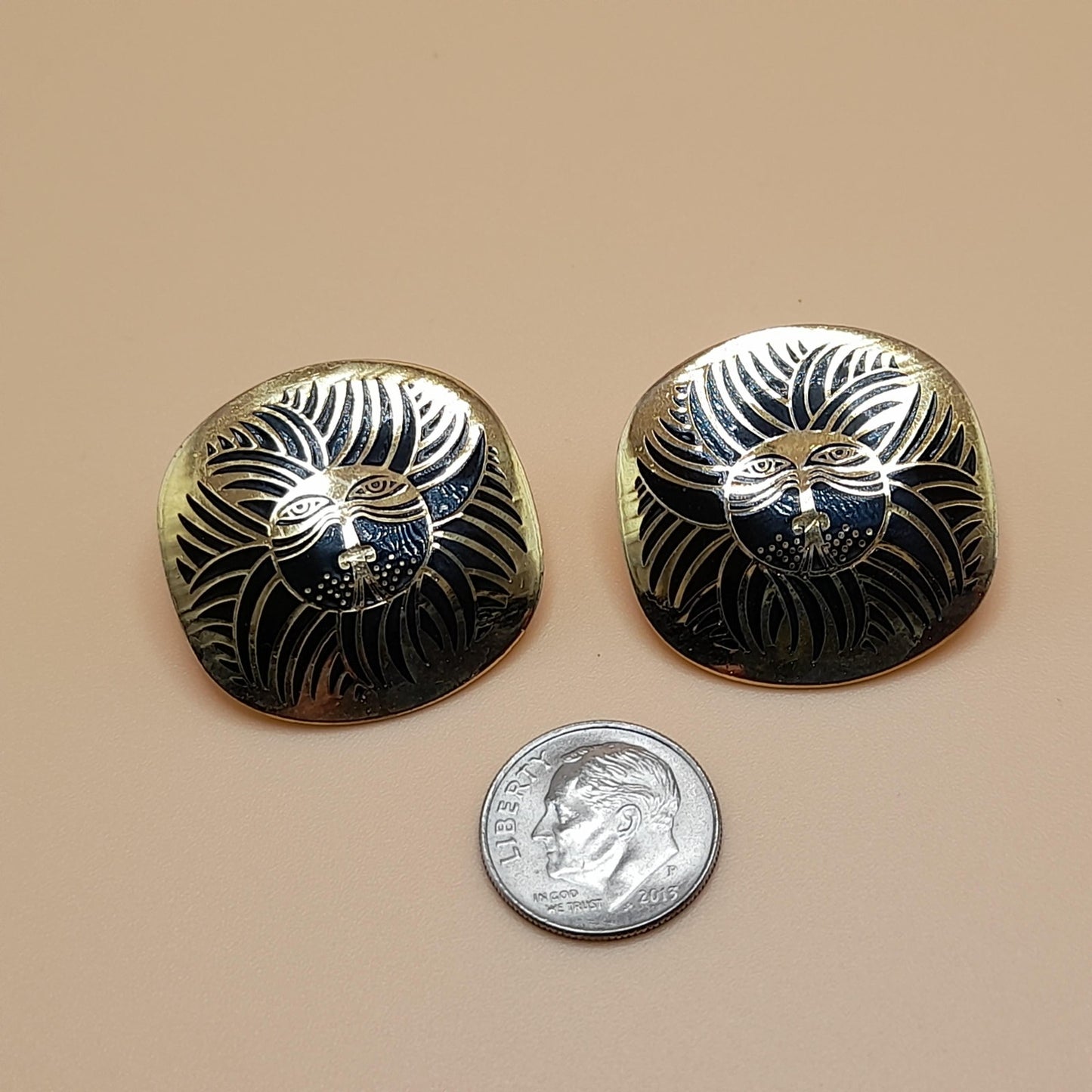 Laurel Burch "Eskimo Lion" Earrings, Black Enamel, Gold Plated, 1980s Vintage