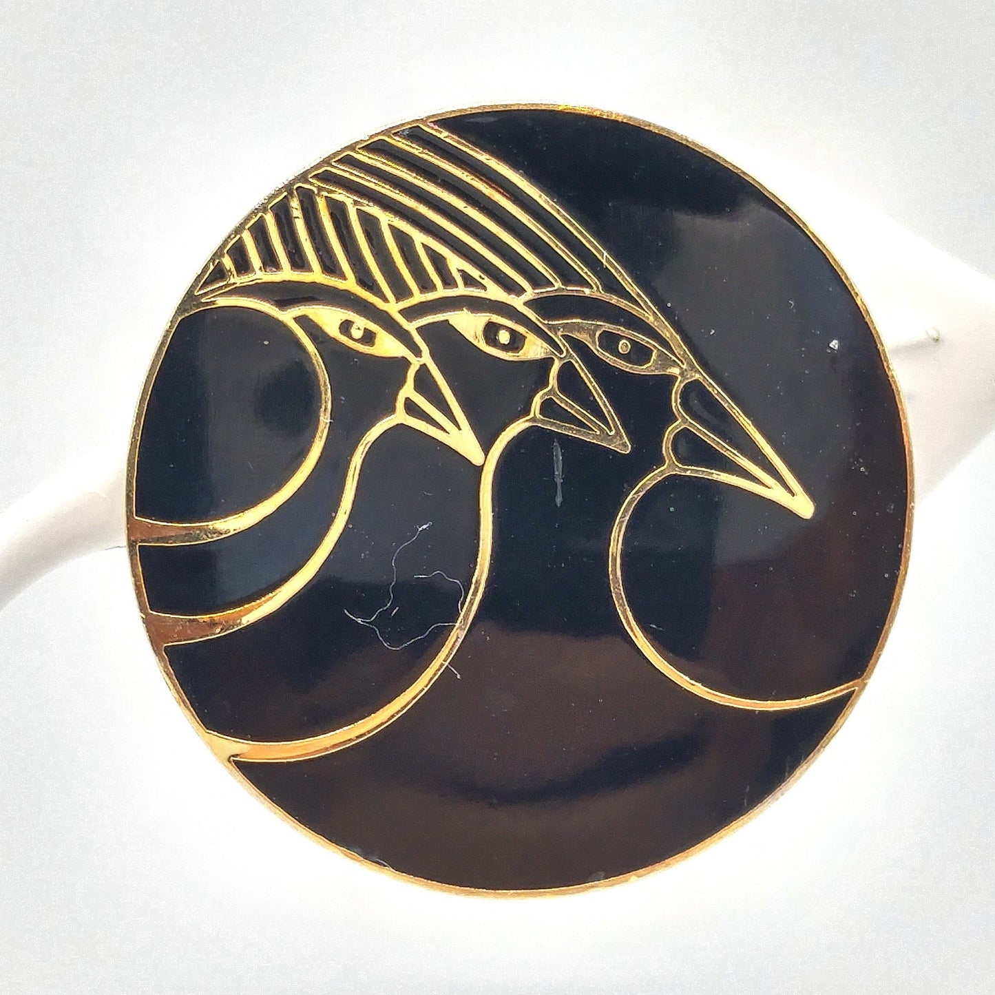 Vintage Laurel Burch "Celestial Birds" Clip Earrings, Black Enamel, Gold Plated