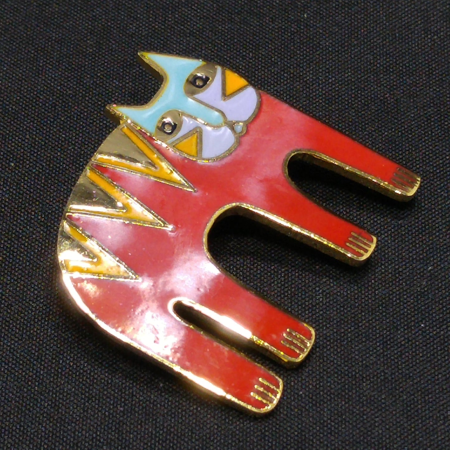 Laurel Burch "Magicat" Red Cat Brooch, Gold Plated Cloisonne Enamel, 1980s Vintage Jewelry
