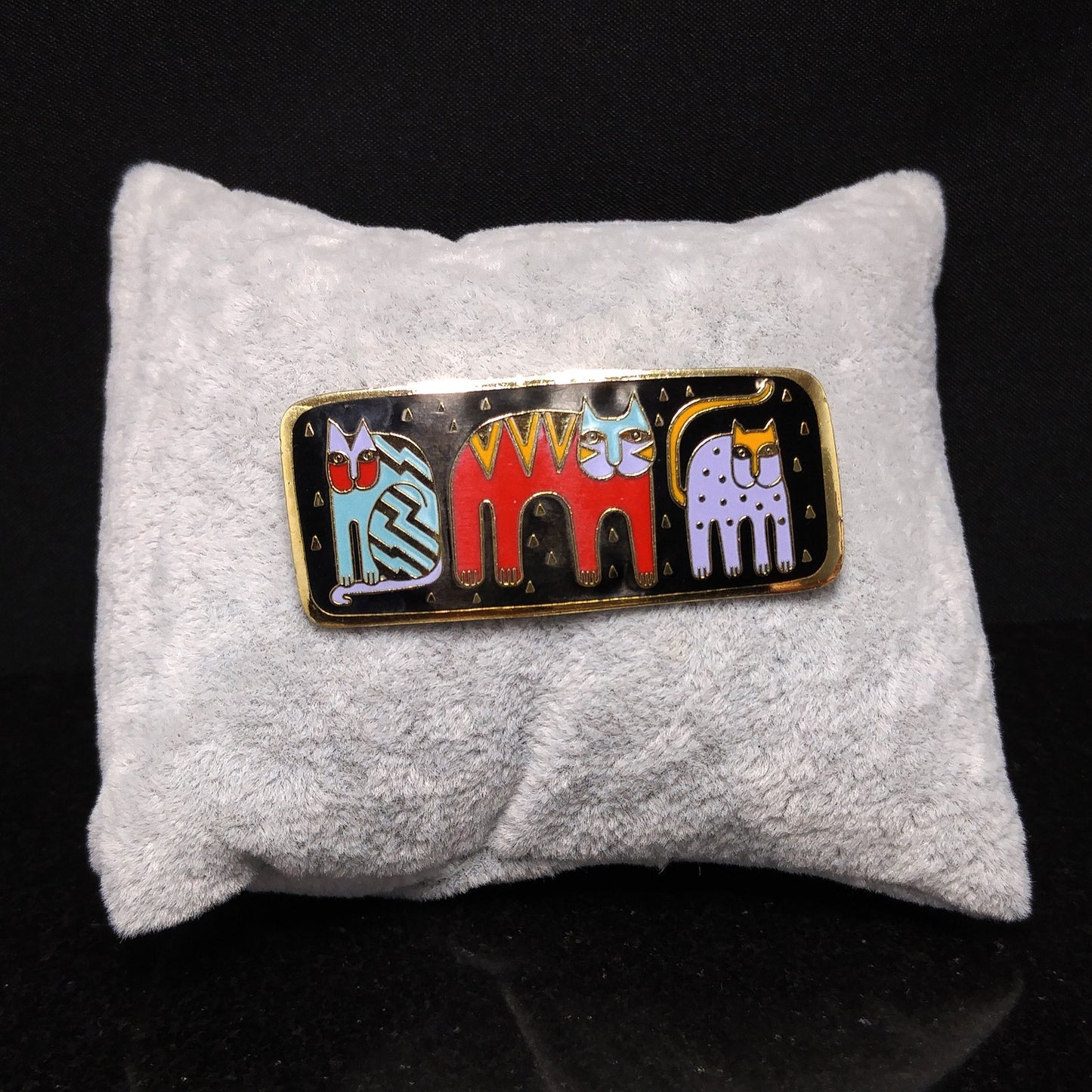 Laurel Burch "Fantastic Felines" Enamel Brooch, Gold Plated Cloisonne, 1980s