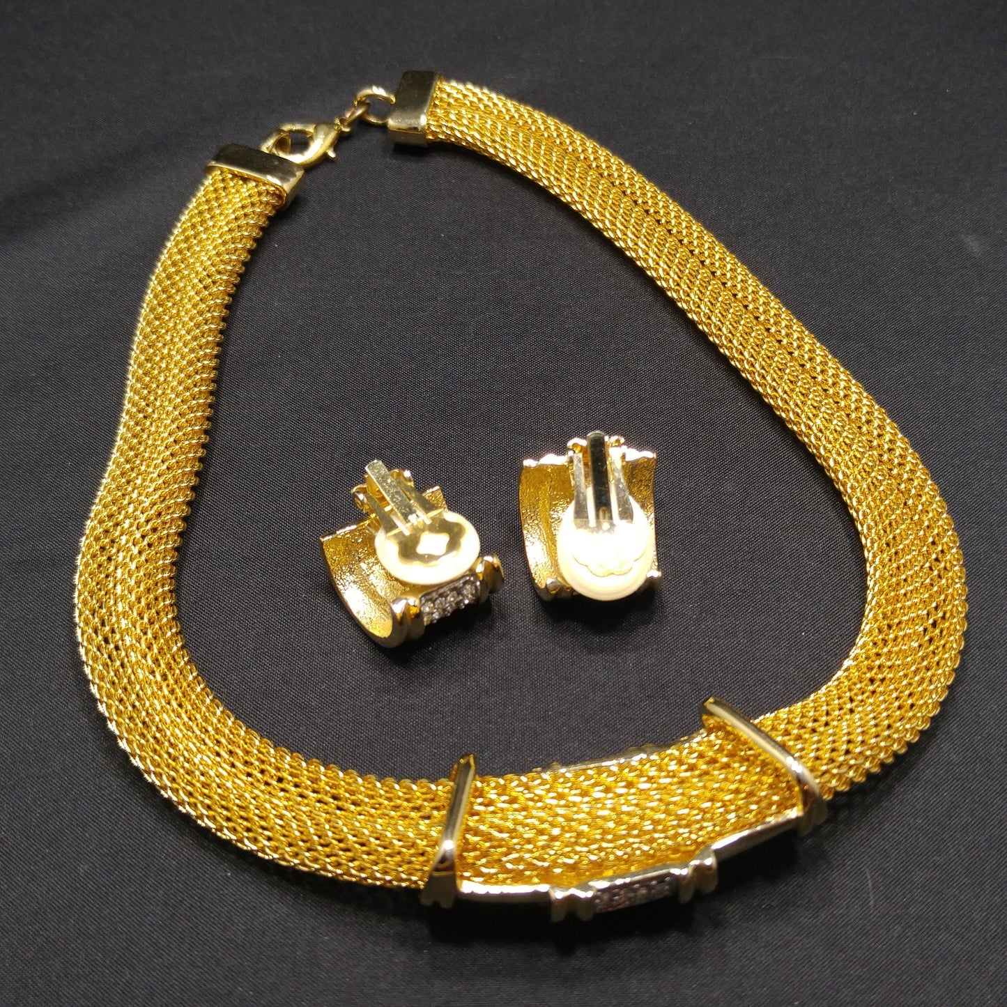 Purple Clear Rhinestone Necklace & Earrings, Gold Plated, 1980s Vintage Jewelry