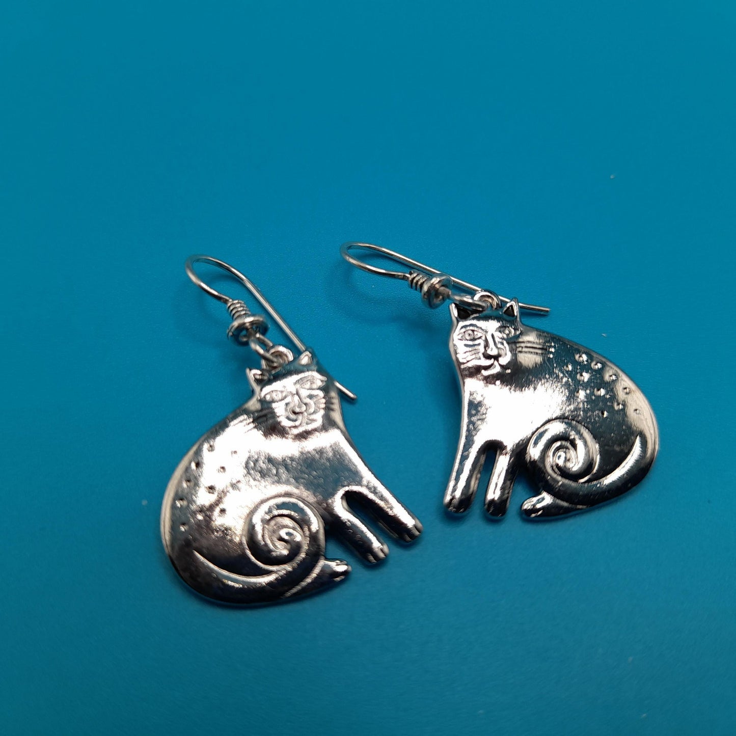 Vintage Laurel Burch Keshire Cat Earrings, Rhodium Plated