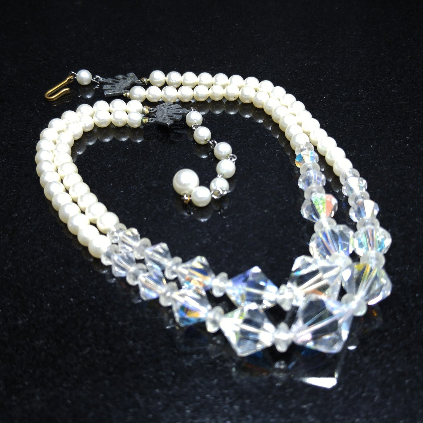 Wedding Bridal Faux Pearl AB Crystal Beaded Necklace, 2 Strands, 1950s Vintage
