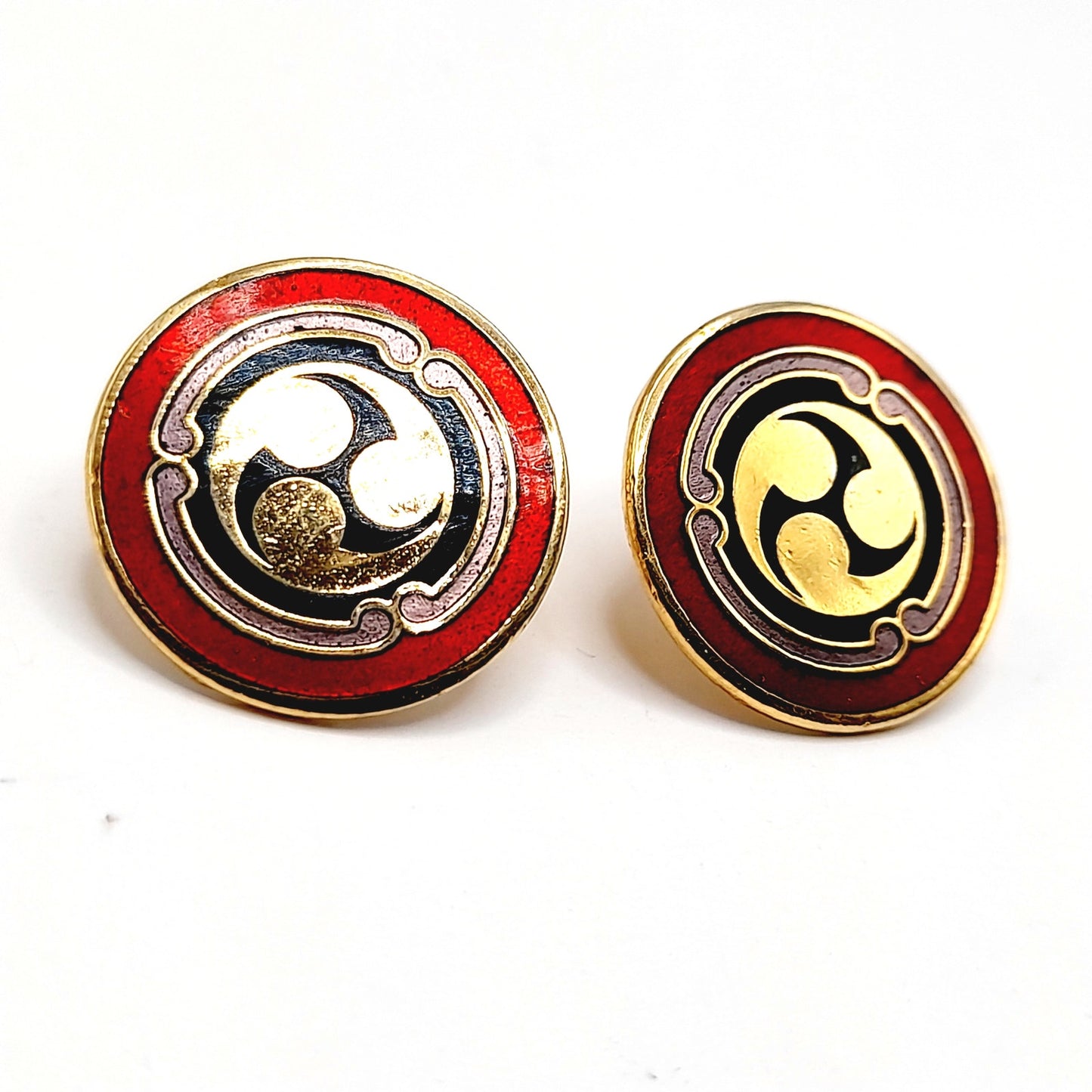 Vintage Laurel Burch Red Black Enamel Asian Symbol Post Earrings - Gold Plated - 3/4 Inch