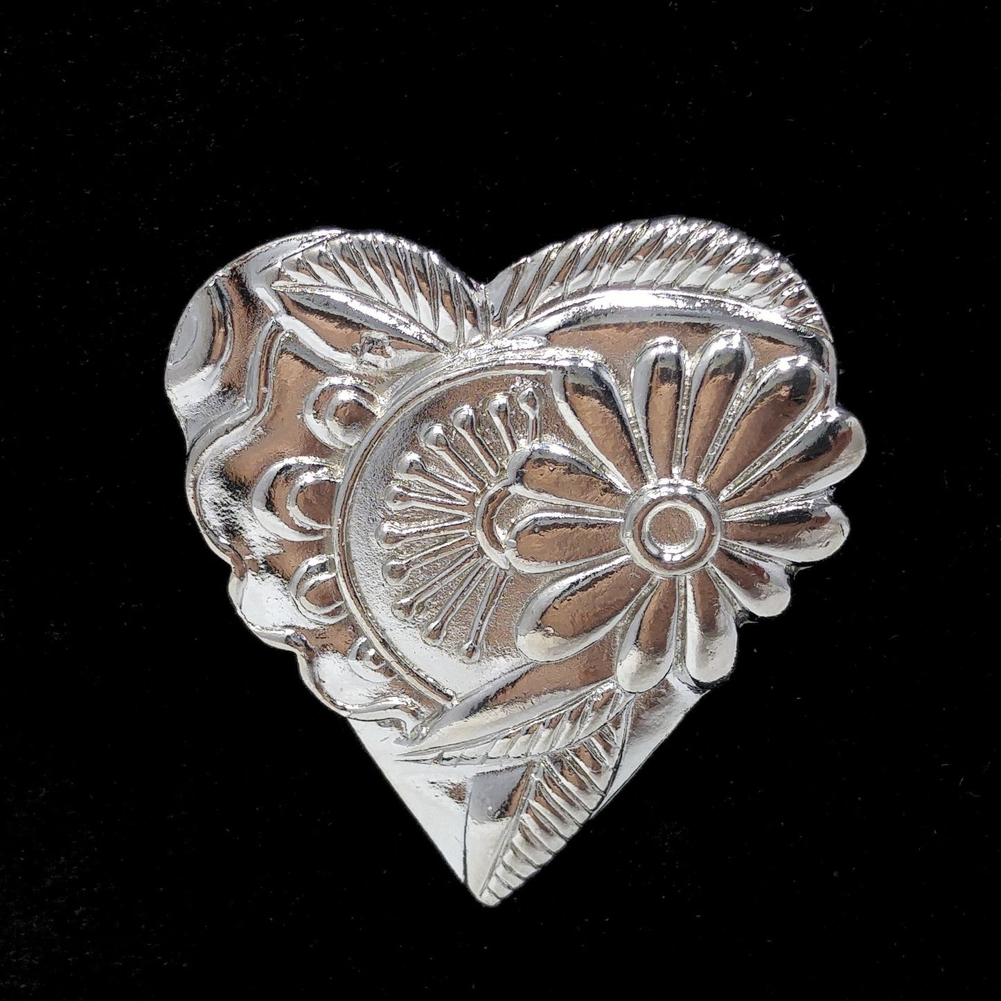 Vintage Laurel Burch 1993 Floral Heart Brooch, Silver Tone
