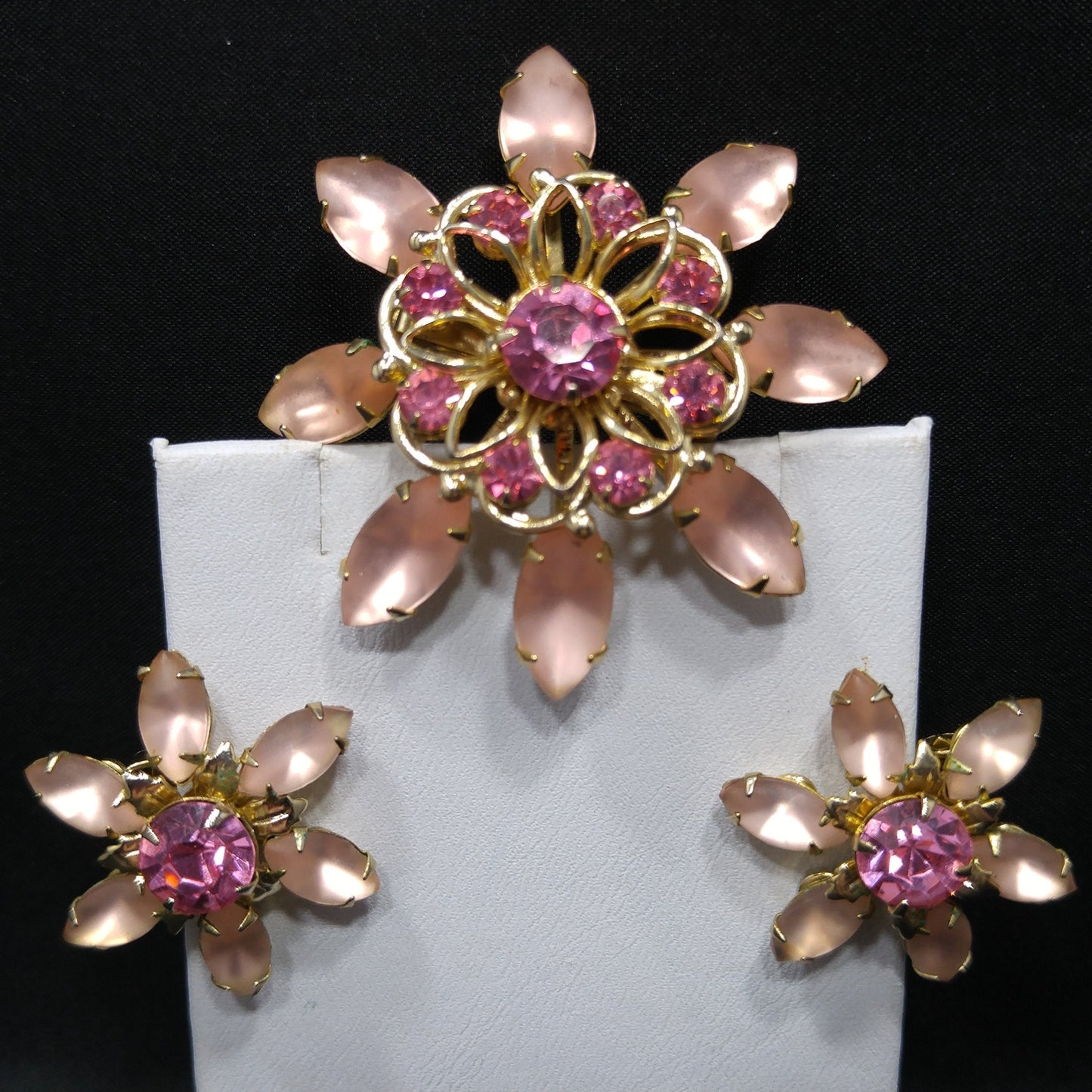 Mid-Century Pink Flower Brooch & Earrings, Frosty Light Pink Cabs, Hot Pink Rhinestones, 1950s Vintage Jewelry