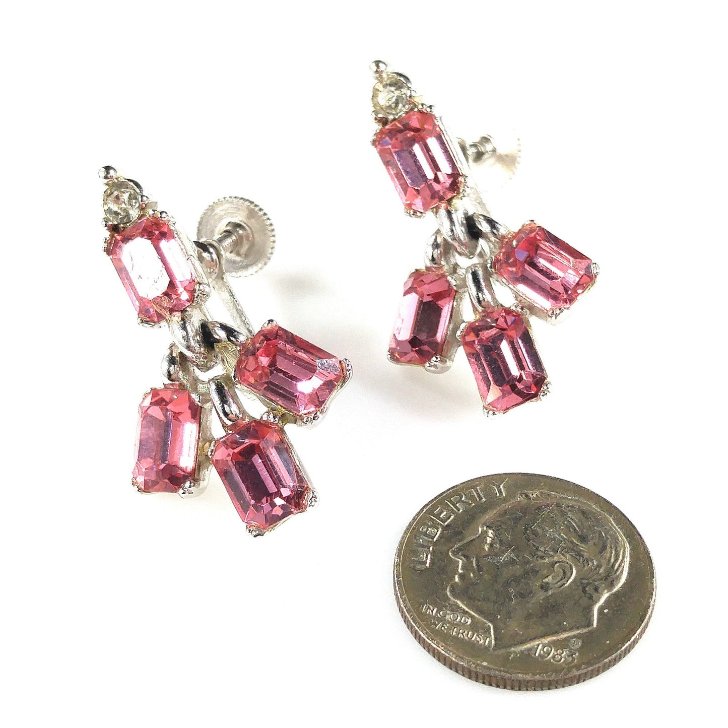 Bogoff Pink Rhinestone Screw Back Earrings, Rhodium Plated, 1950s Vintage Jewelry