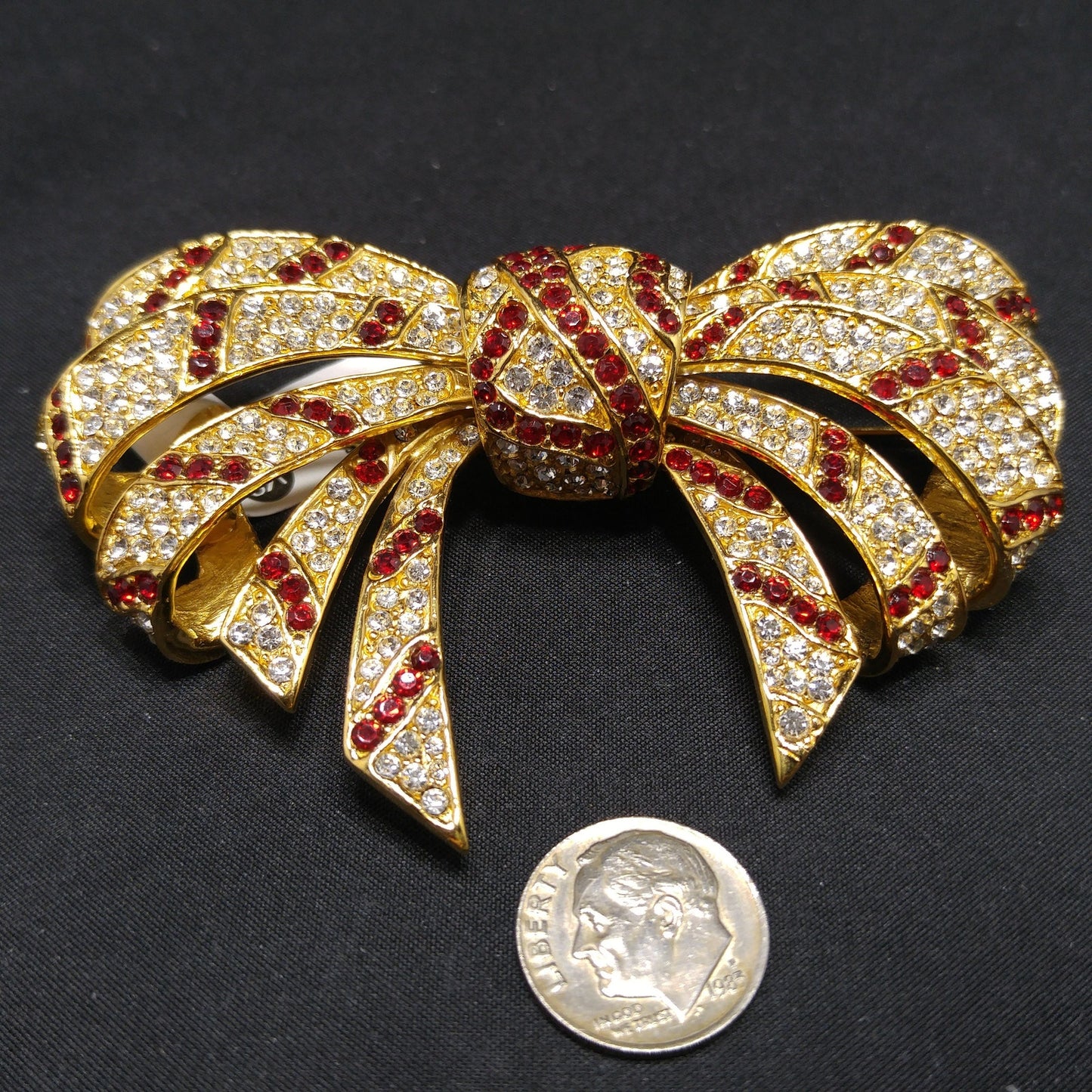Ciner Red and Clear Rhinestone Bow Brooch – Vintage Gold Plated Large Statement Pin