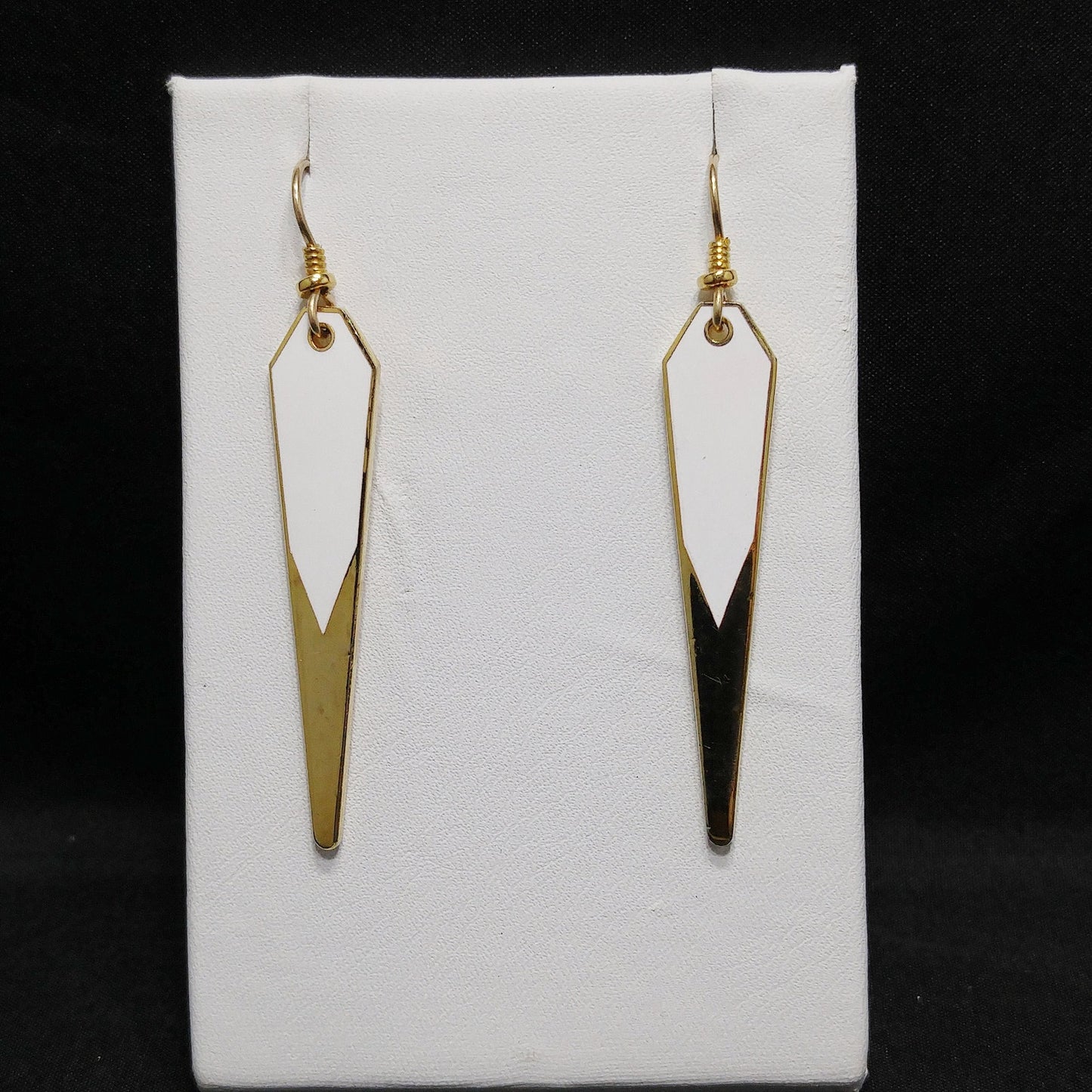 Vintage Laurel Burch Long Earrings, White Enamel, Gold Plated