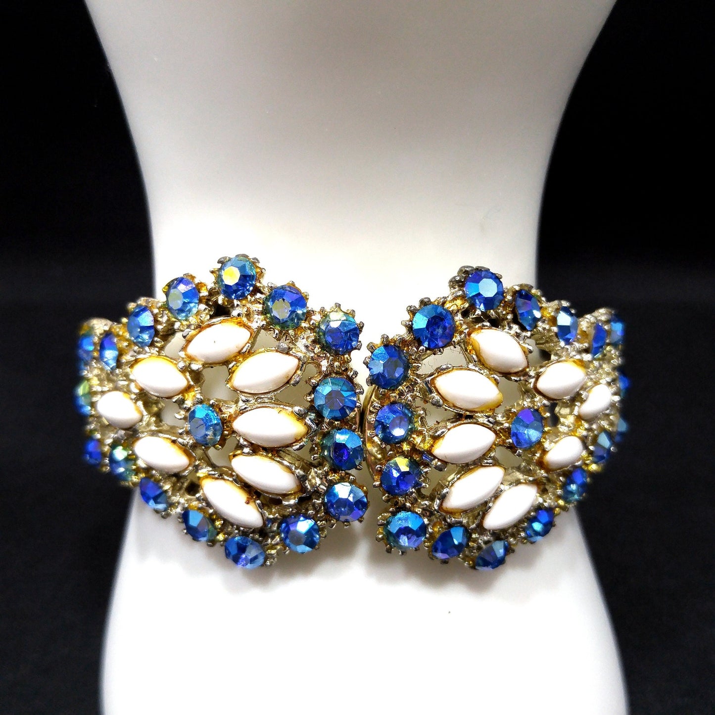 Vintage Blue Aurora Borealis Rhinestone Milk Glass Clamper Bracelet 1960s