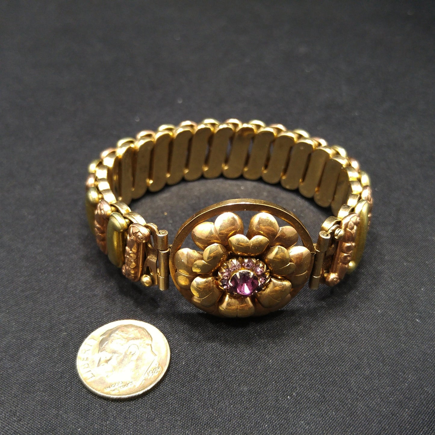 Antique Lustern Expansion Sweetheart Bracelet, 12KGF Sterling, Purple Rhinestones, 1920s Vintage Jewelry