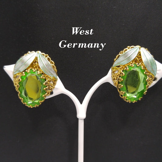 West Germany Green Clip Earrings, Filigree Green Enamel, Faux Pearls, 1950s Vintage Jewelry