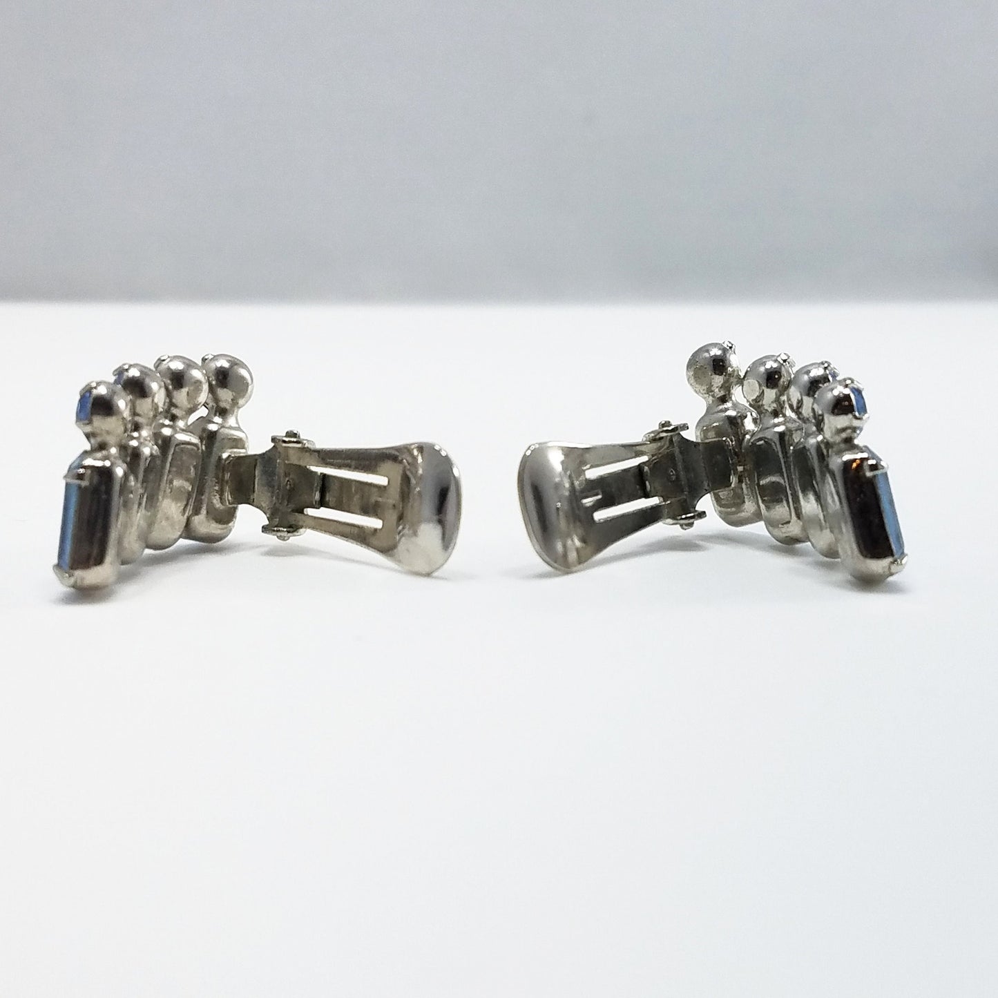 Vintage WEISS Powder Blue Clip Earrings, Silver Tone 1950s Austrian Crystal
