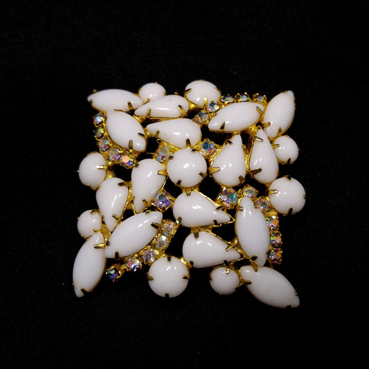 White Milk Glass AB Rhinestones Brooch, Aurora Borealis, Gold Plated, 1960s Vintage Jewelry