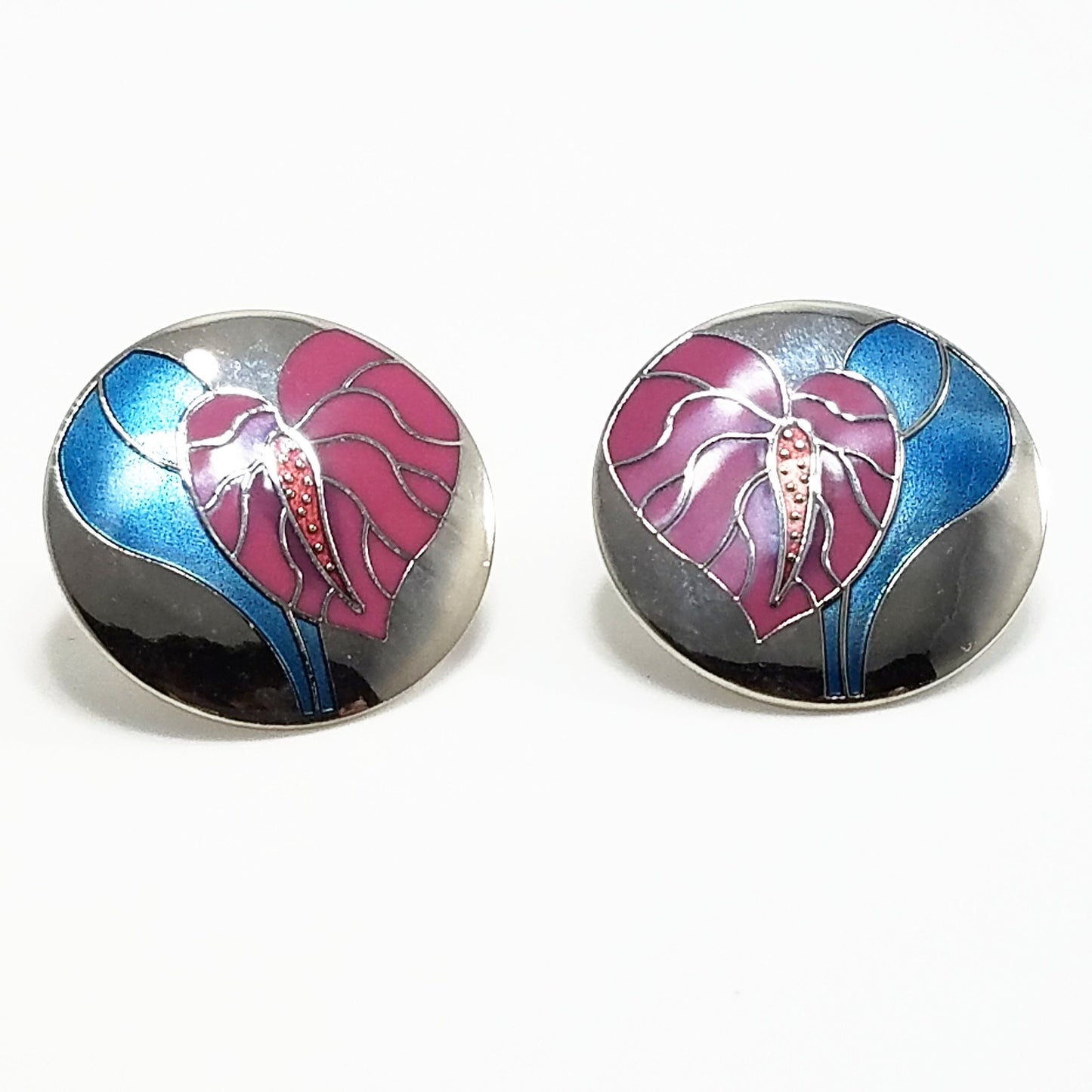 Vintage Laurel Burch "Antherium" Earrings Post Enamel Pink 1980s Vintage Jewelry