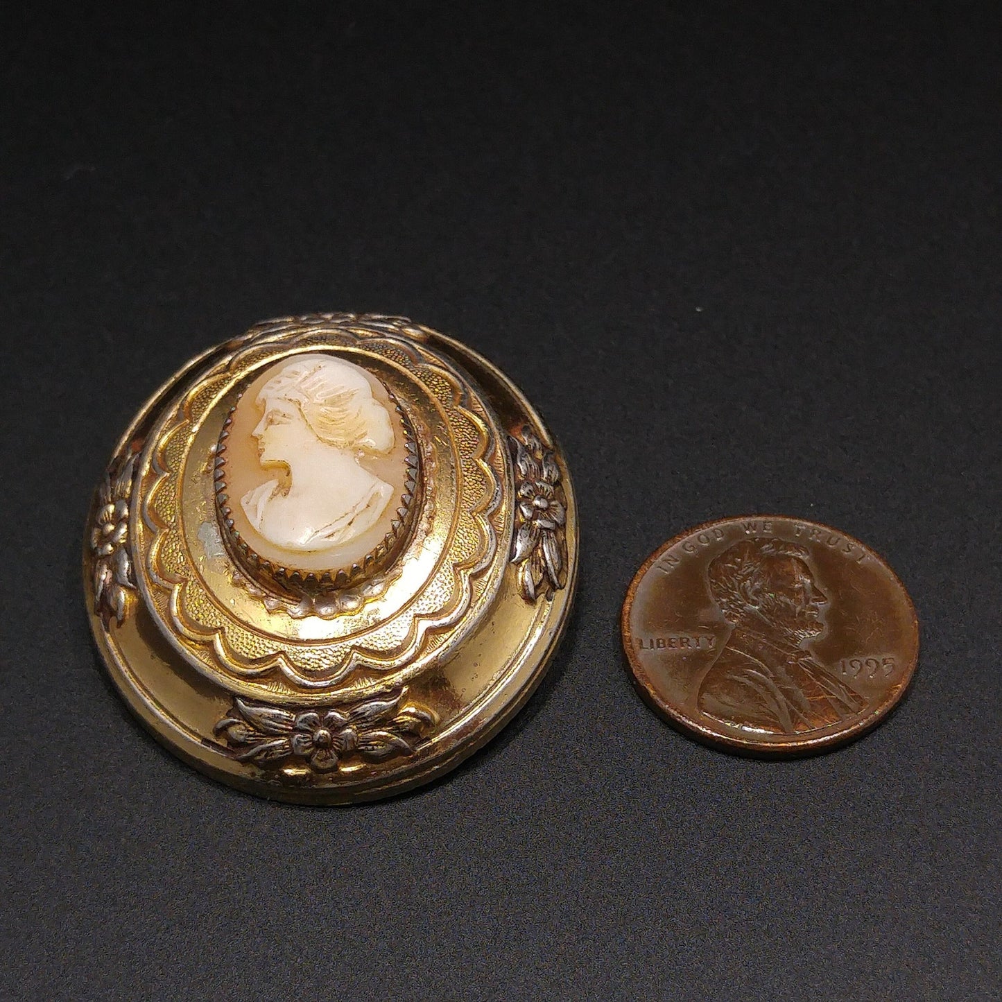 Coro Shell Carved Cameo Brooch, Gold Over Silver, 1950s Vintage Jewelry