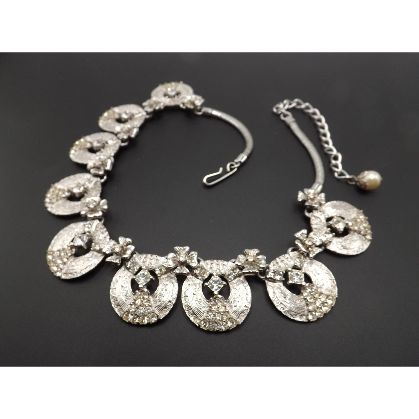 Hobe' Rhodium Plated Clear Rhinestone Choker Necklace, 17 Inches, 1960s Vintage Jewelry