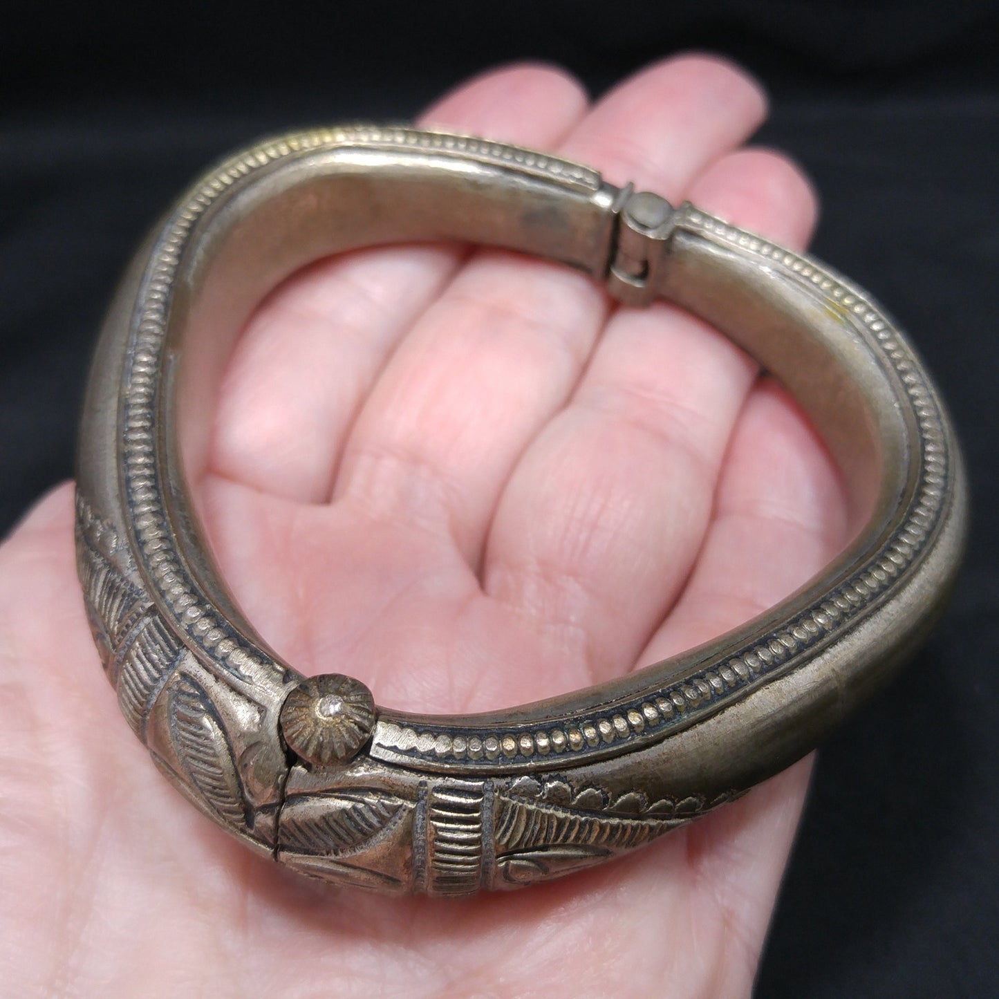 Tribal Embossed Hinged Bracelet, Plunger or Pin Clasp, Gold Wash, 1940s Vintage Jewelry