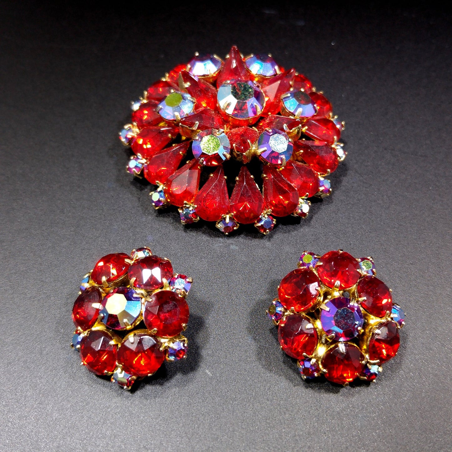 Red Rhinestone Aurora Borealis Brooch Earrings Set, Gold Plated, 1960s Vintage Jewelry