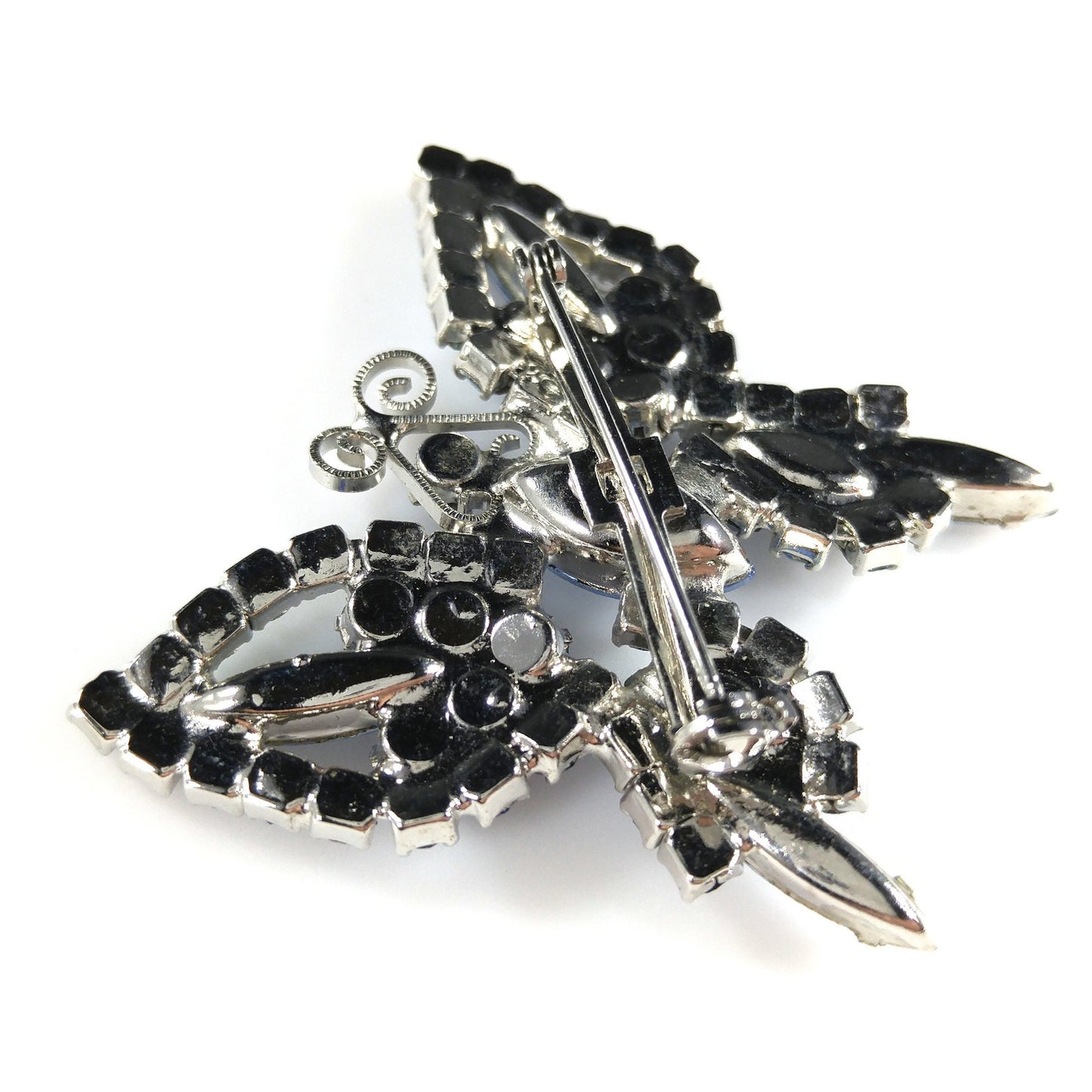 Blue Butterfly Brooch, Aurora Borealis, Rhodium Plated, 1960s Vintage Jewelry