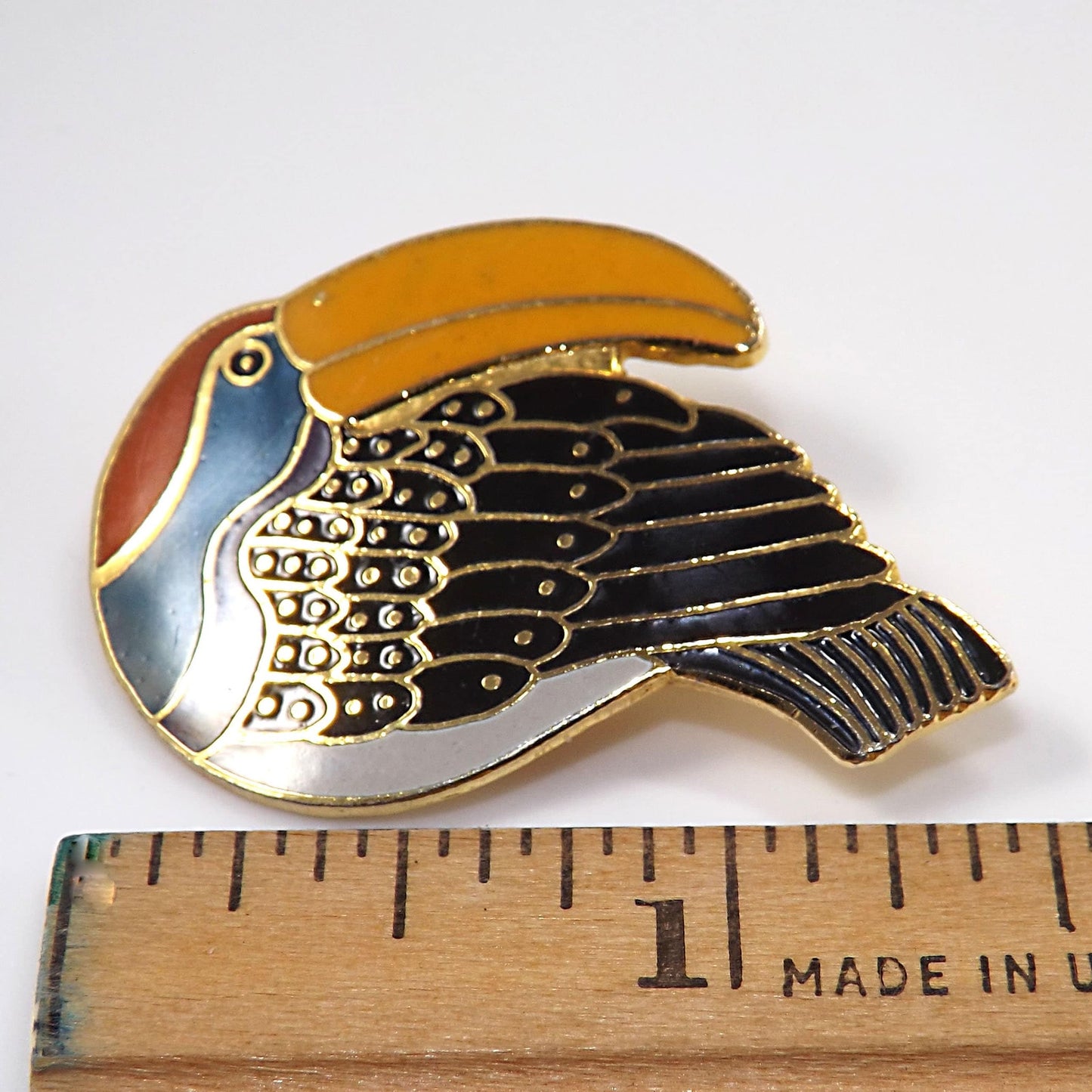 Laurel Burch Toucan Brooch, Gold Plated Cloisonne & Enamel, 1980 Vintage Jewelry
