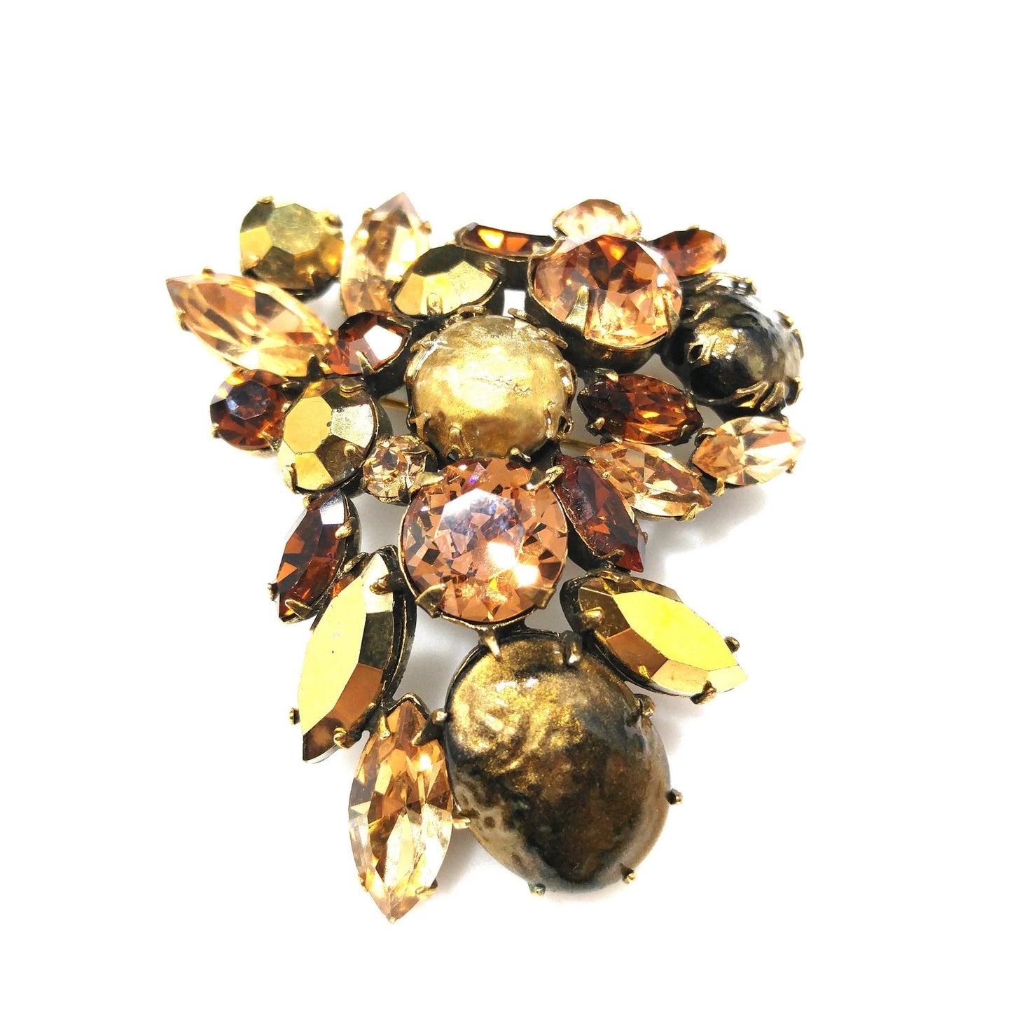 Regency Topaz & Gold Rhinestones Brooch Earrings Set, Gold Faux Pearls, 1950s Vintage Jewelry
