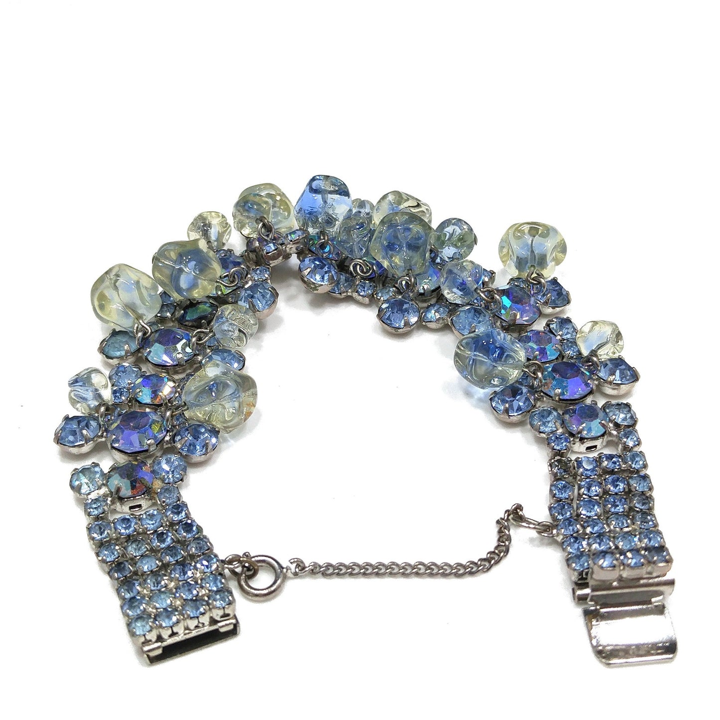 Light Blue AB Rhinestone Bracelet, Glass Dangle Clear Beads, Rhodium Plated, 1950s Vintage Jewelry