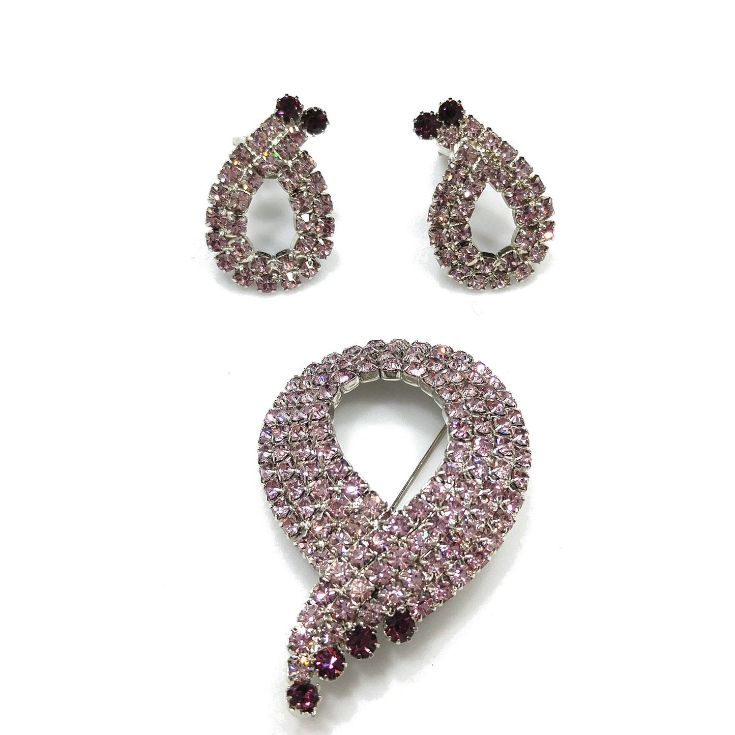 Purple Lavender Rhinestone Brooch & Earrings Set, Mid Century Modern, Rhodium Plated, 1960s Vintage Jewelry