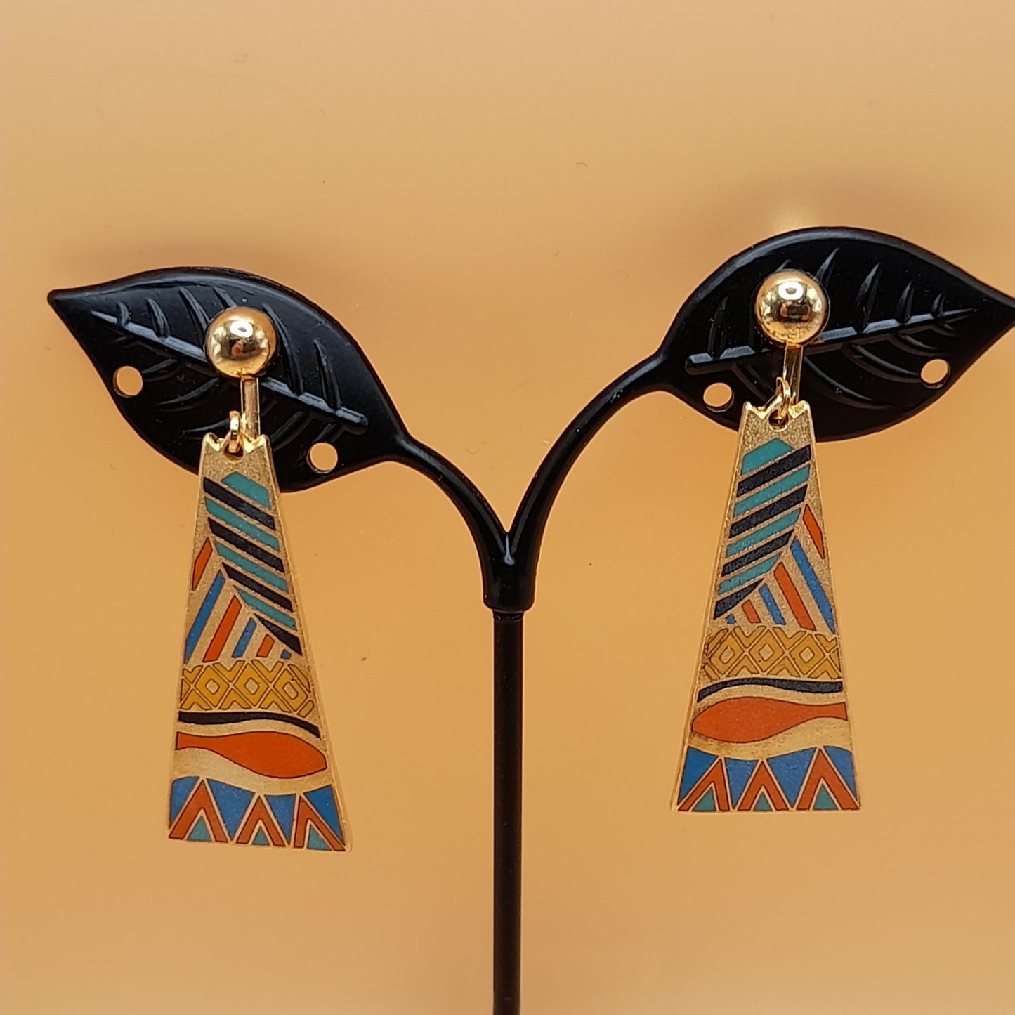 Laurel Burch "Java" Geometric Clip Earrings, Gold Plated Cloisonne Enamel, 1980s Vintage Jewelry