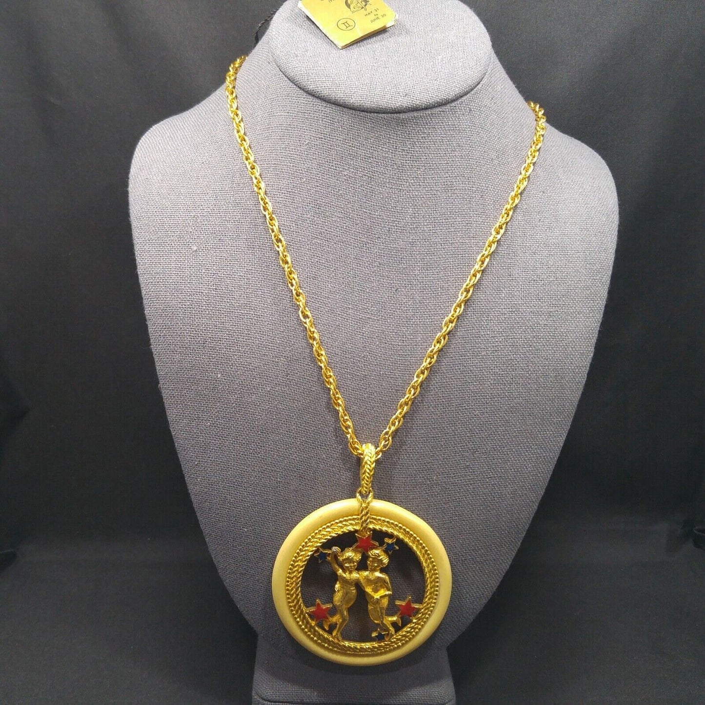 Vintage Zodiac Gemini Enamel Lucite Pendant Necklace, Original Tag, 1960s Vintage Jewelry