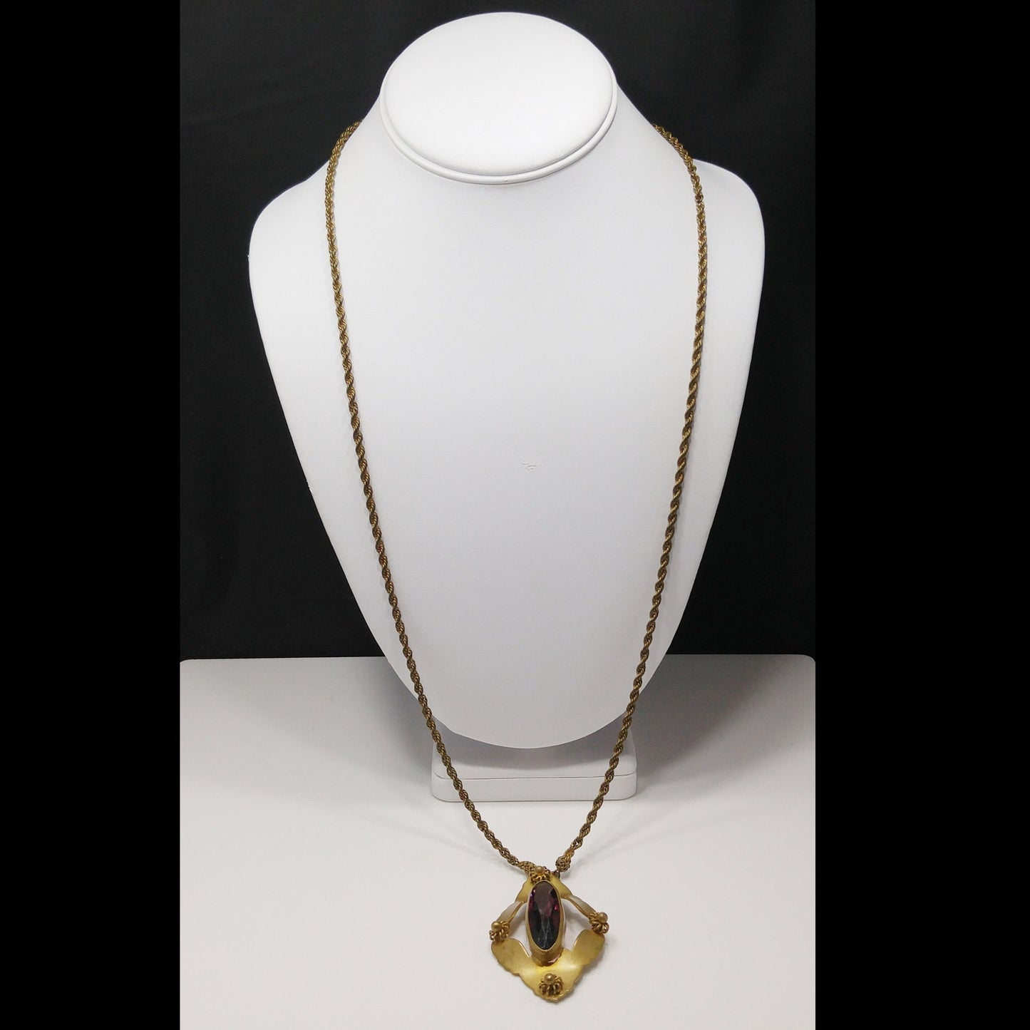 Victorian Purple Glass Pendant Necklace, Golden Brass, Early 1900s Vintage Jewelry