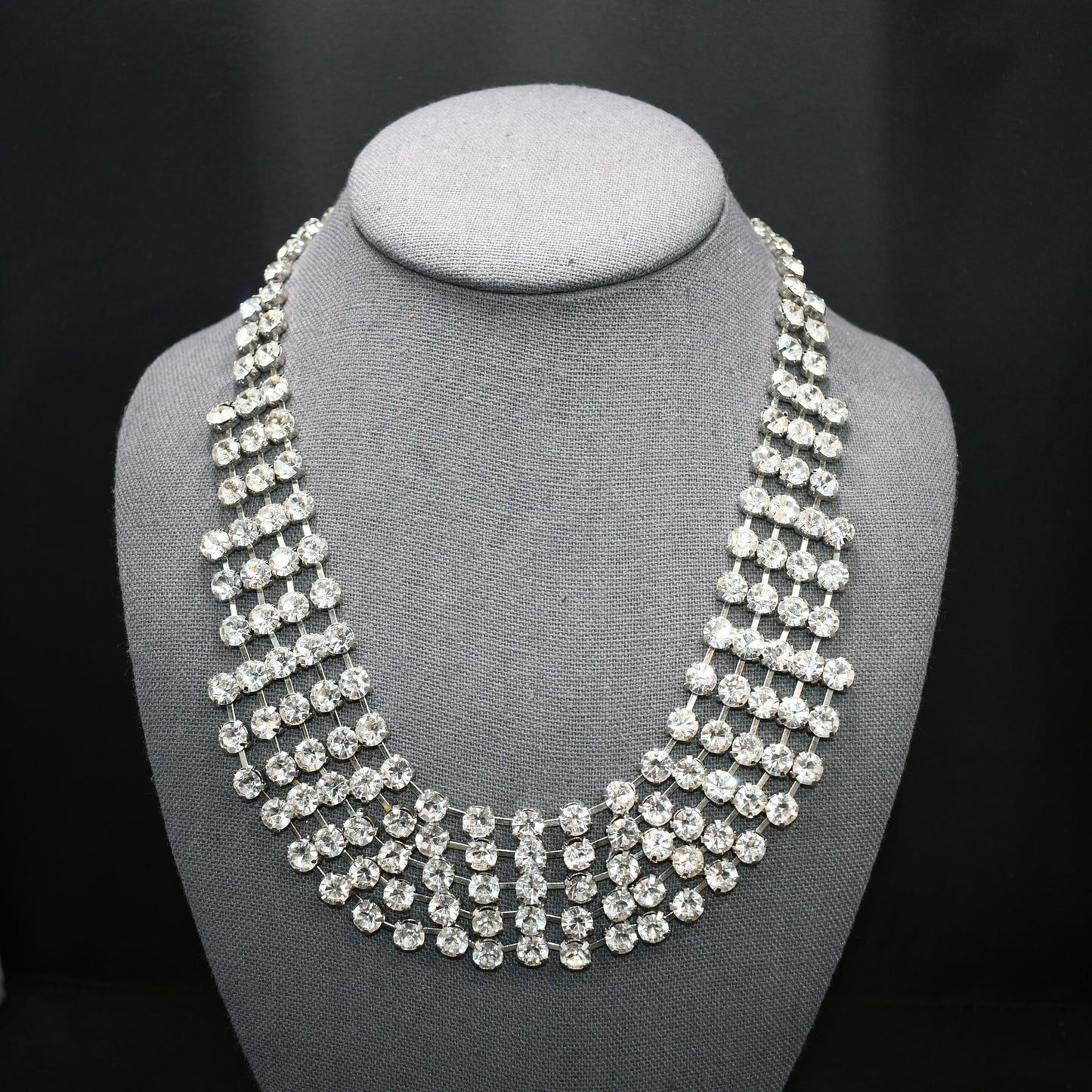 Vintage Clear Rhinestone Frontal Necklace, Rhodium Plating, 18 1/2 Inches, 1980s Vintage Jewelry