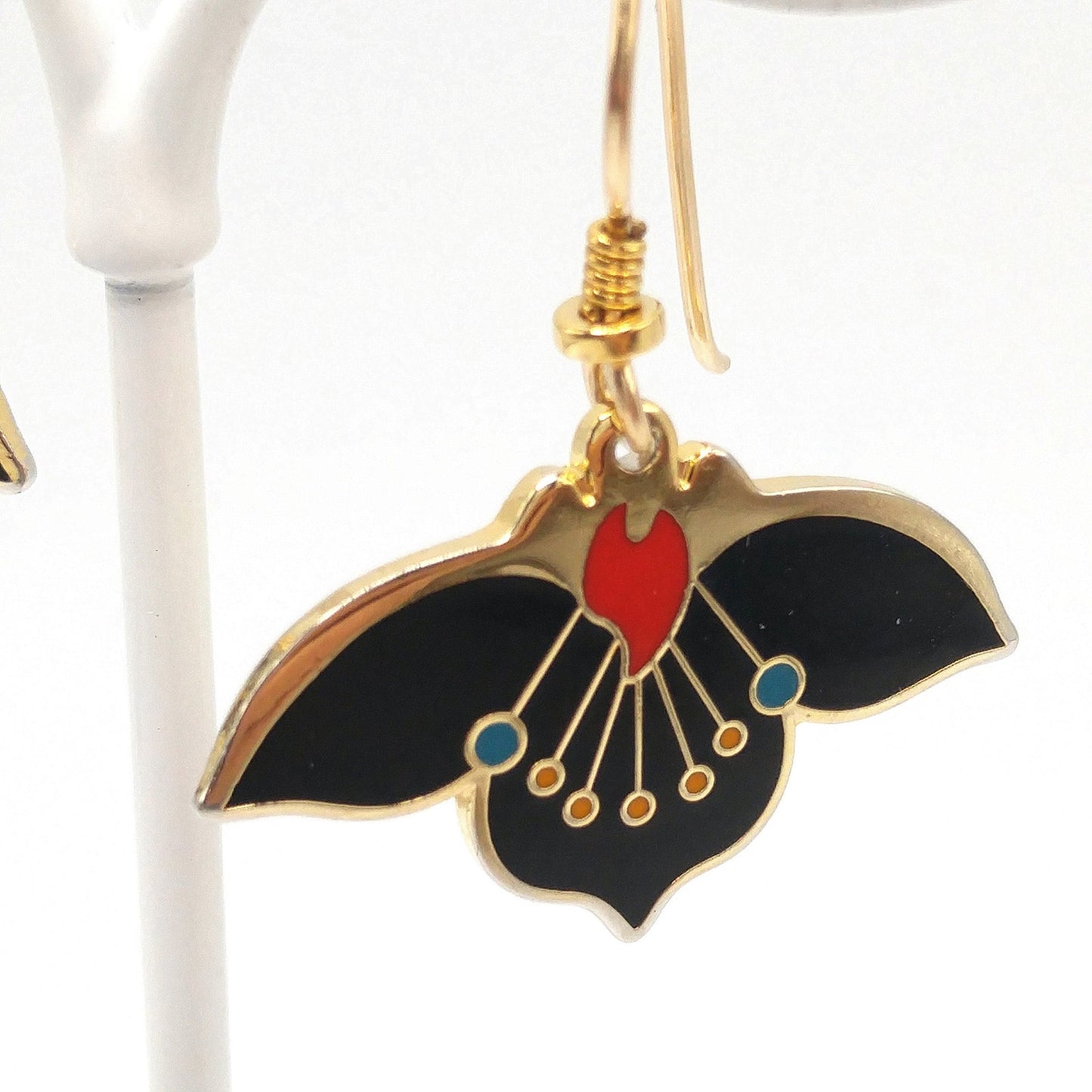 Vintage Laurel Burch "Desert Flower" Earrings, Black Red Enamel, Gold Plated, 1980s