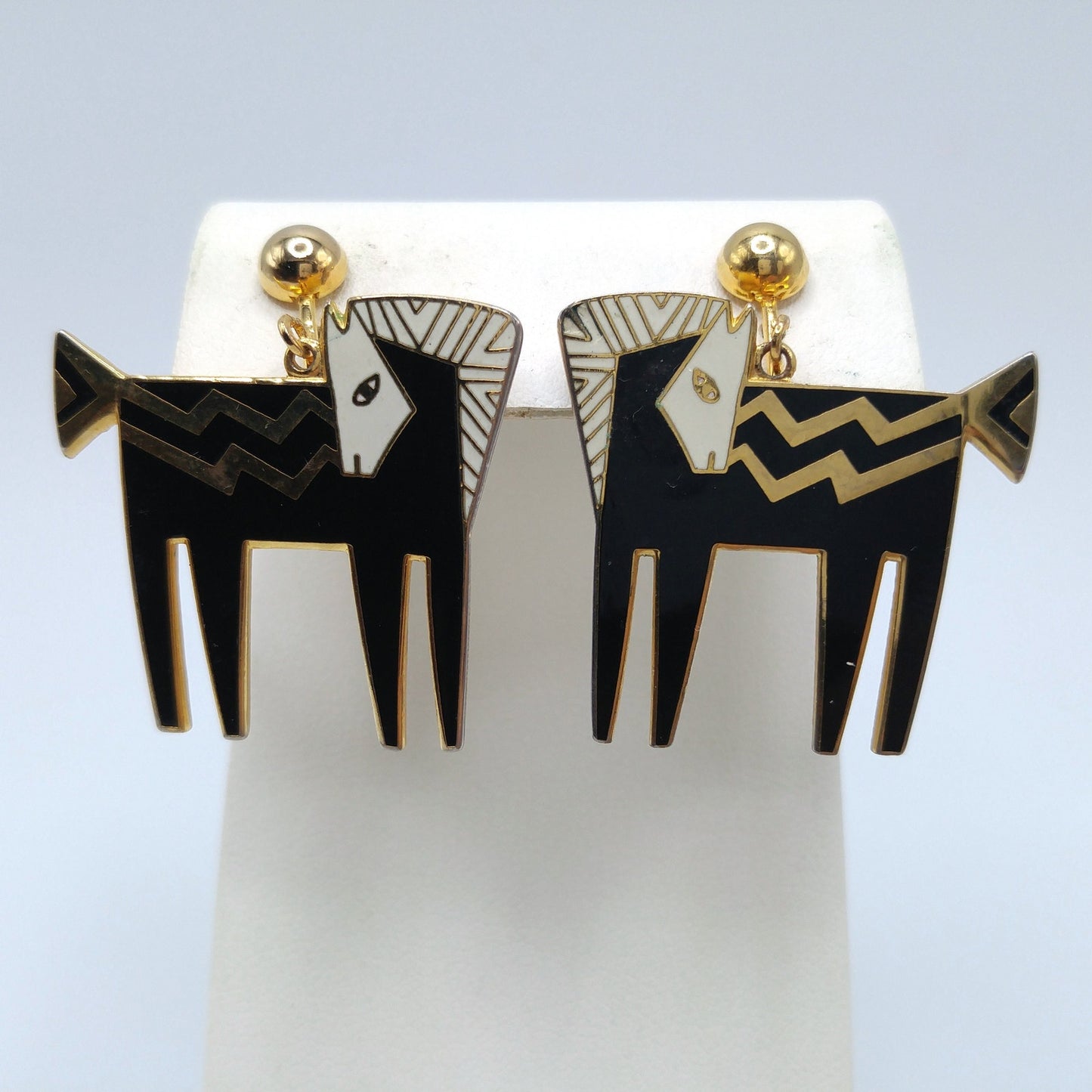 Laurel Burch "Temple Horse" Clip Earrings, Black White Enamel, Gold Plated, 1980s Vintage Jewelry