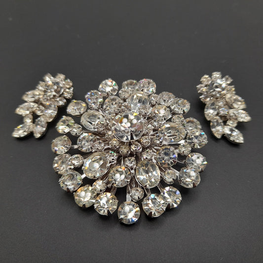 Clear Rhinestone Round Brooch Clip Earrings Set, Wedding Holiday Jewelry, 1950s Vintage Jewelry