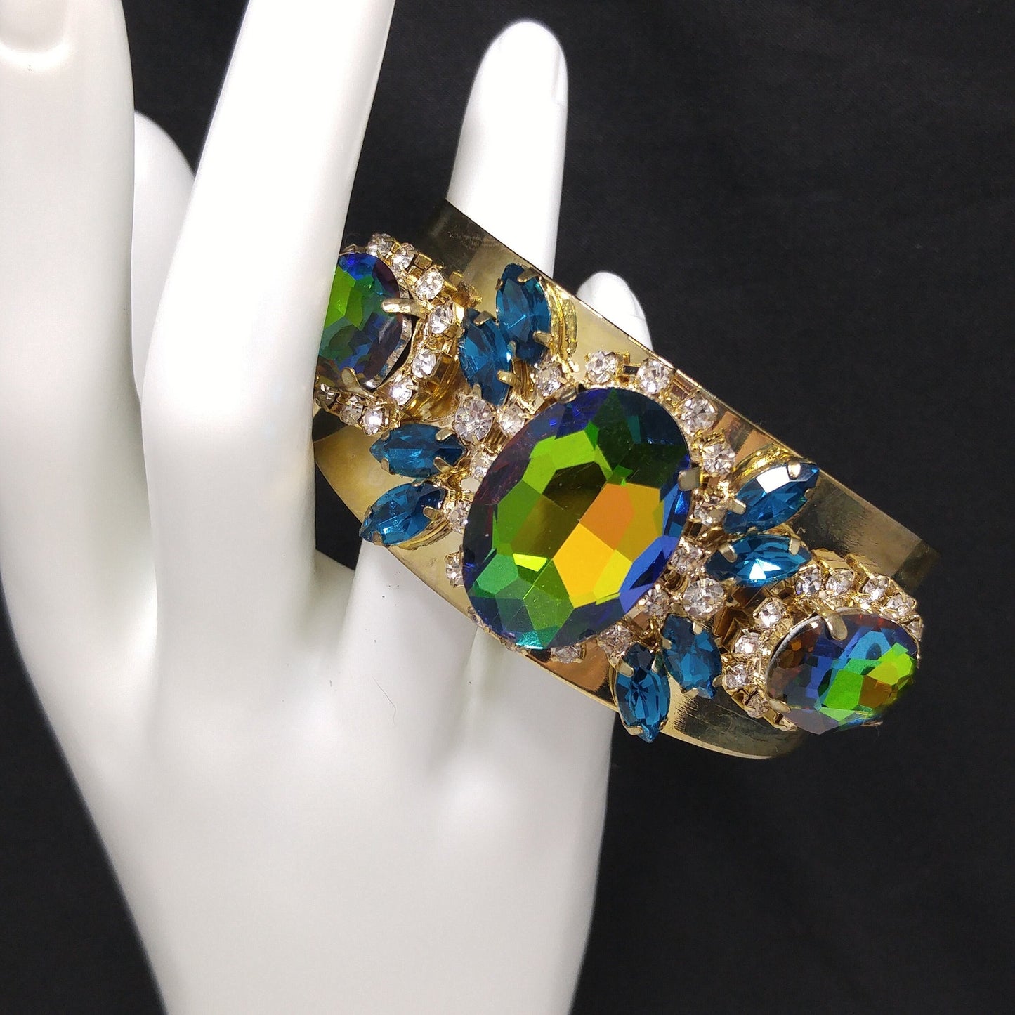 Brass Cuff Bracelet, Watermelon Crystal Rhinestones, Golden Brass, Clear & Sapphire Blue Rhinestones, Vintage Jewelry