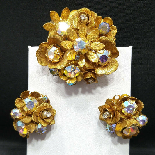 Vintage Floral Brooch Clip Earrings Set, Aurora Borealis Rhinestones, Gold Plated, 1960s Vintage Jewelry
