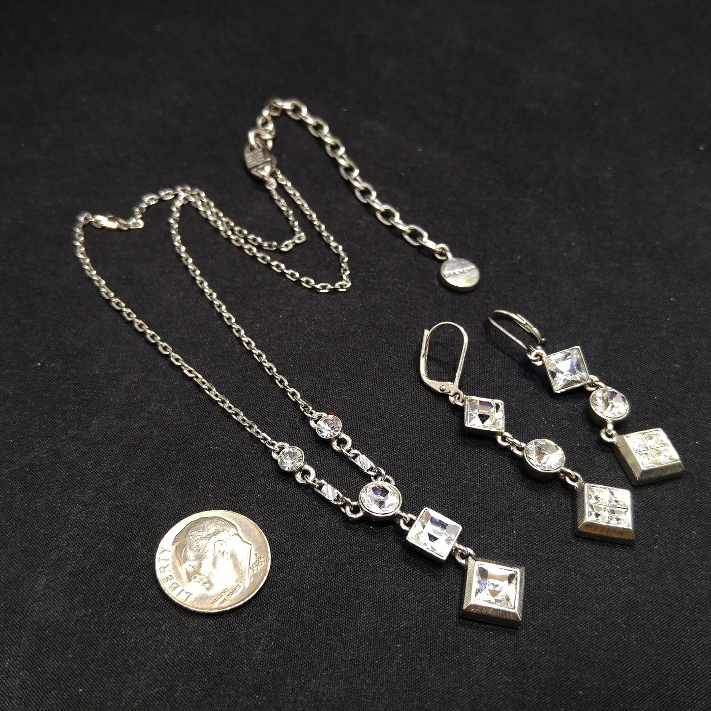 Givenchy 1990s Jewelry Set, Necklace & Earrings, Clear Rhinestones, Rhodium Plated