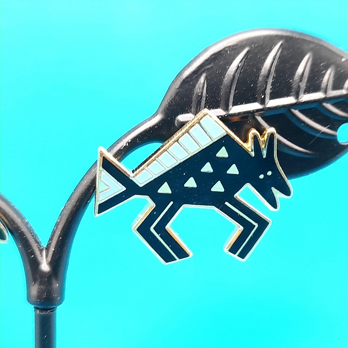 Vintage Laurel Burch "Bison" Post Earrings, Black Blue Enamel, Gold Plated