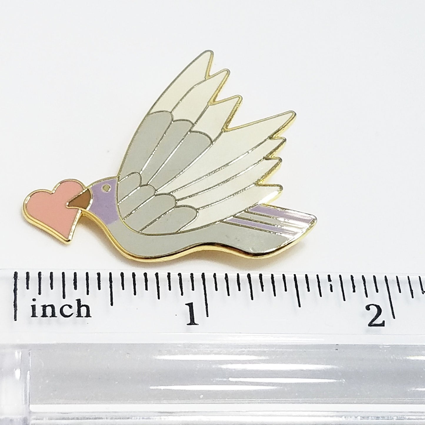 Vintage Laurel Burch "Celeste With Heart" Pendant Brooch, Grey White Enamel Bird