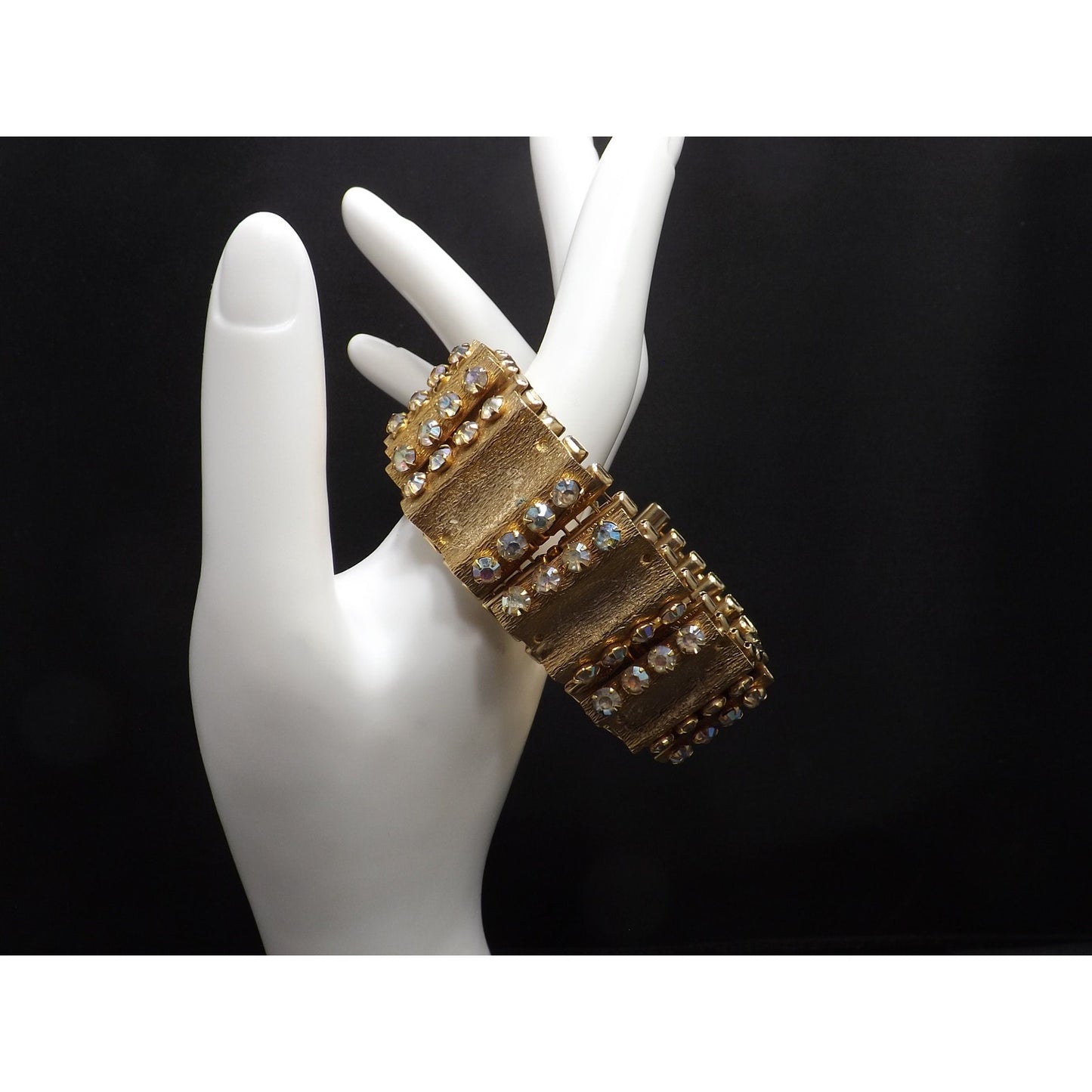 Vintage LERU Aurora Borealis Rhinestone Bracelet, Gold Plate Mid-Century, 7 1/8"