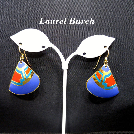 Vintage Laurel Burch Fan Earrings, Blue Red Teal Enamel, Gold Plated