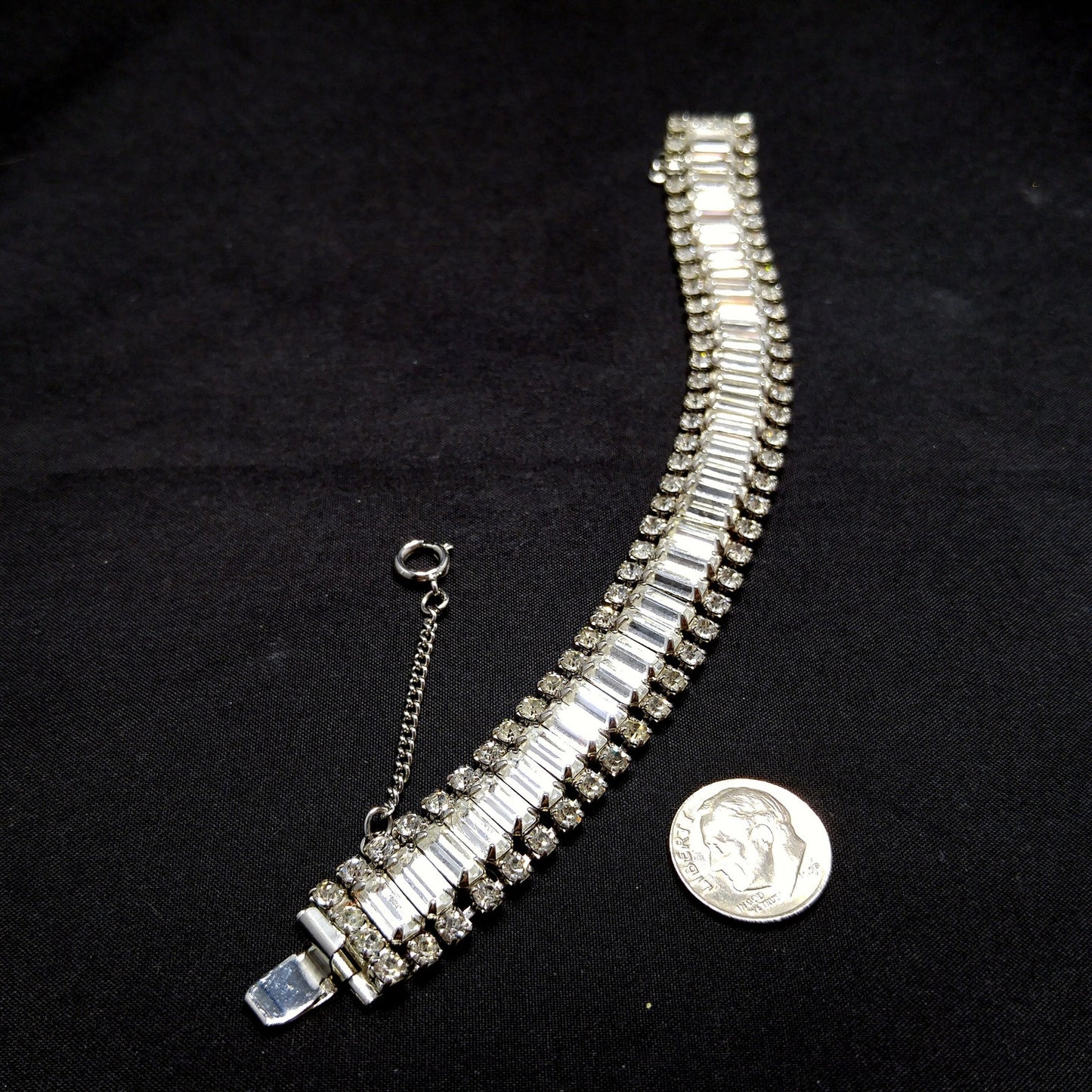 Vintage Weiss Clear Rhinestone Bracelet, Rhodium Plate, Safety Chain, 1950s