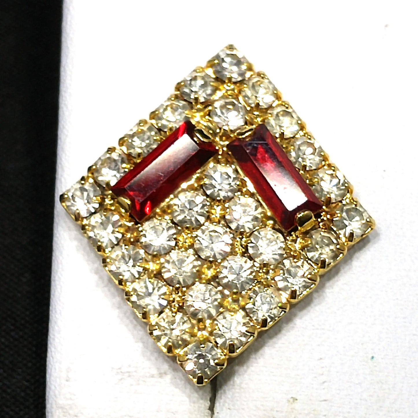 Hobe' Designer Red Clear Rhinestone Clip Earrings, Gold Plated, 1960s Vintage Jewelry