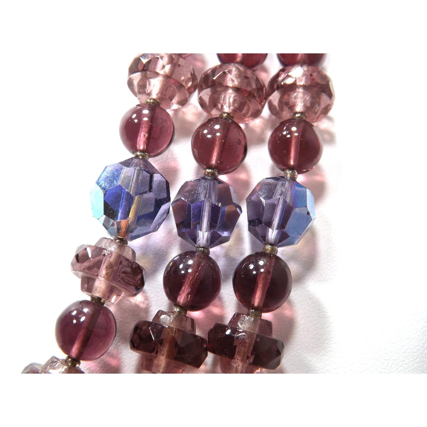Art Glass Purple Gold Foil Beaded Necklace, Three Strands, 1960s Vintage Jewelry