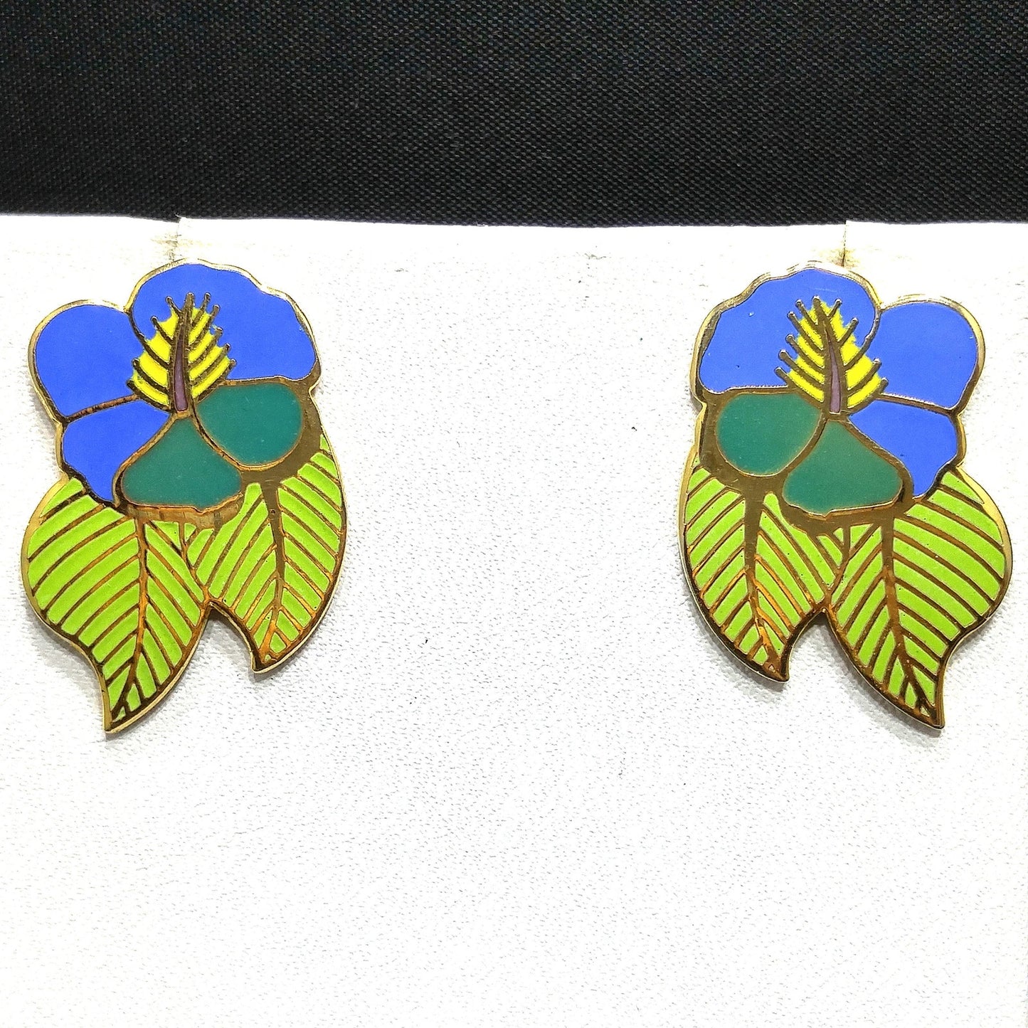 Vintage Laurel Burch Blue Green "Hibiscus" Post Earrings, Gold Plated