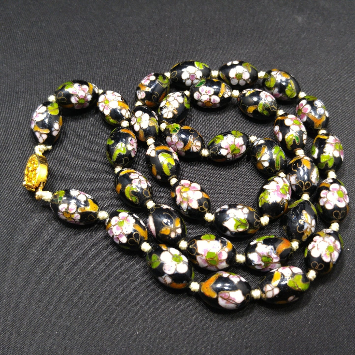 Vintage Cloisonné Beaded Necklace, Black Hand Painted Floral Beads, 1960s Vintage Jewelry