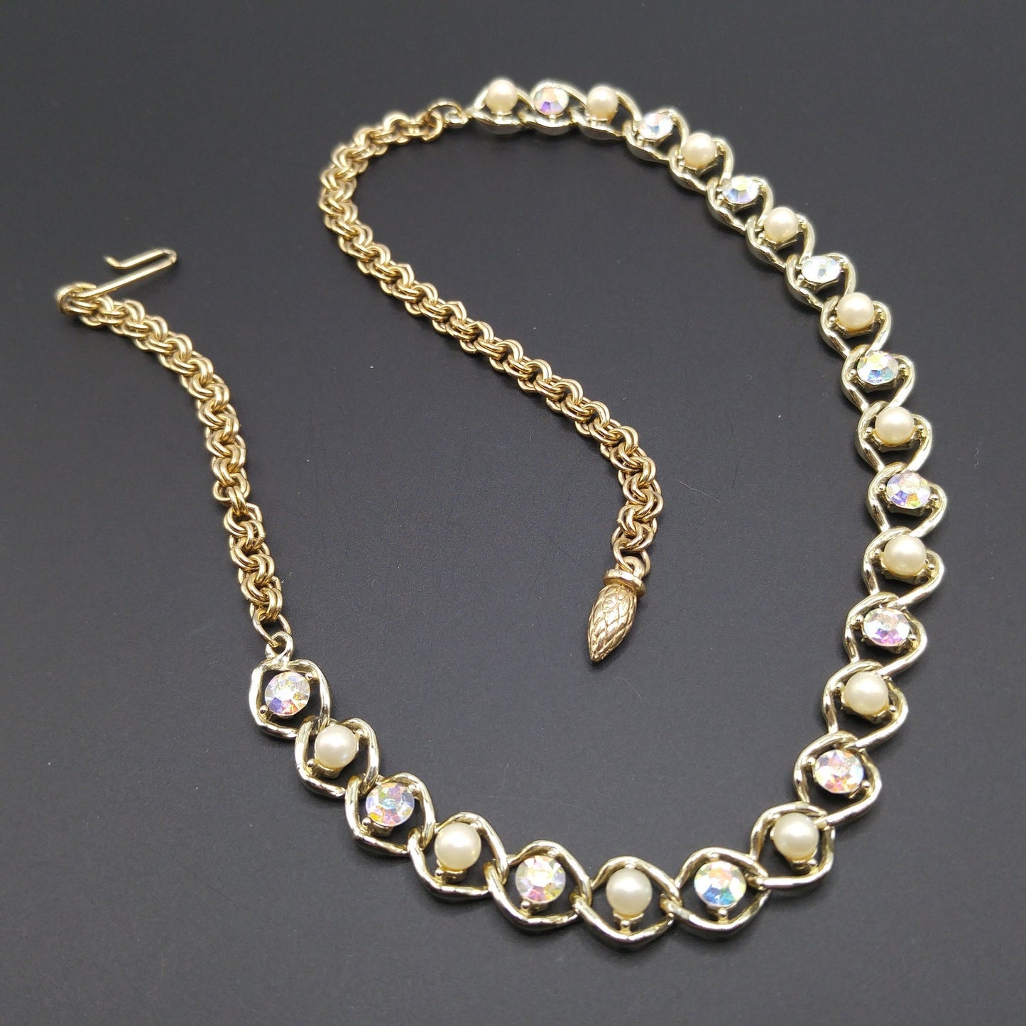 Mid-Century Faux Pearl AB Rhinestone Necklace, Aurora Borealis, 1960s Vintage Jewelry