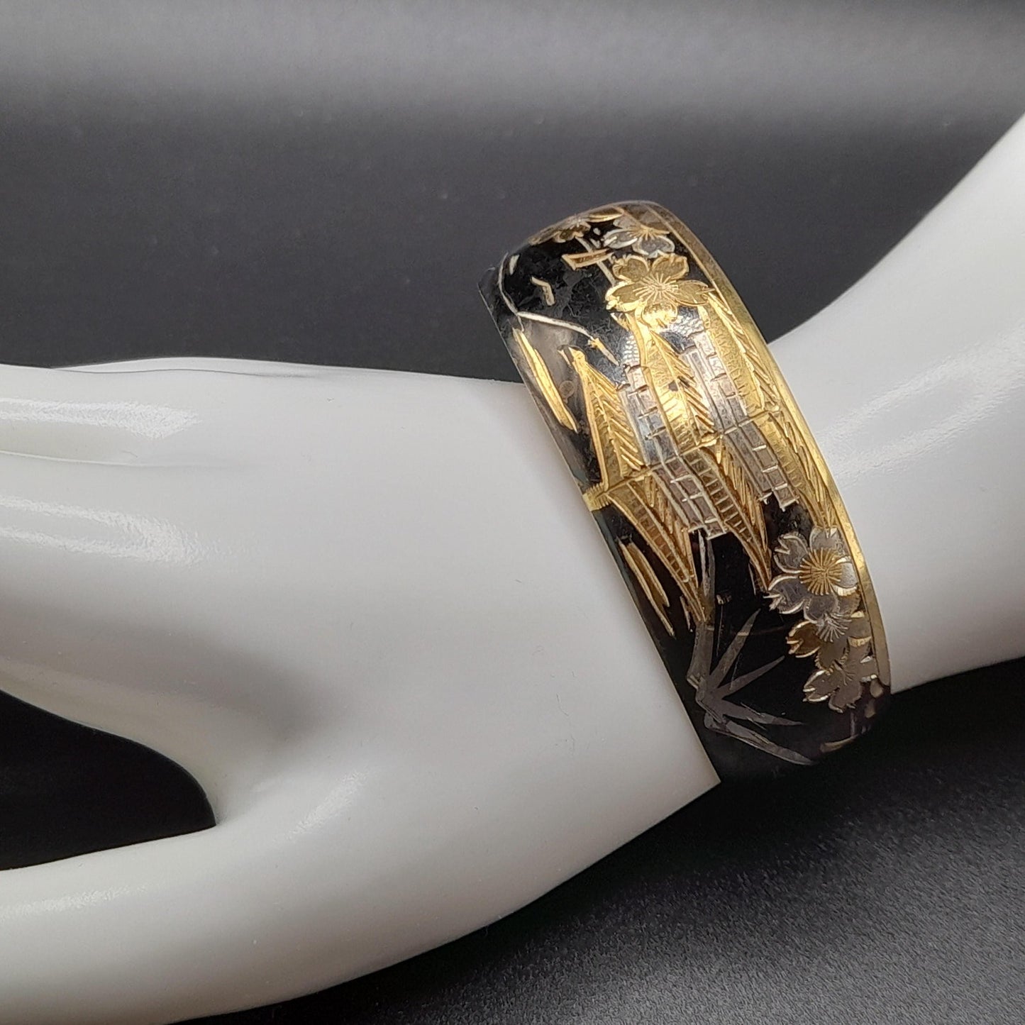 Vintage Japanese Sterling Cuff Bracelet, Mt. Fuji Pagoda Japanese Scene Panorama, 1960s Jewelry